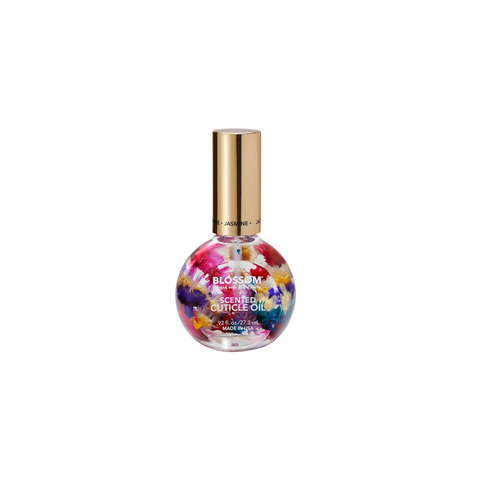 Bottle of Blossom scented cuticle oil with floral design on a white background
