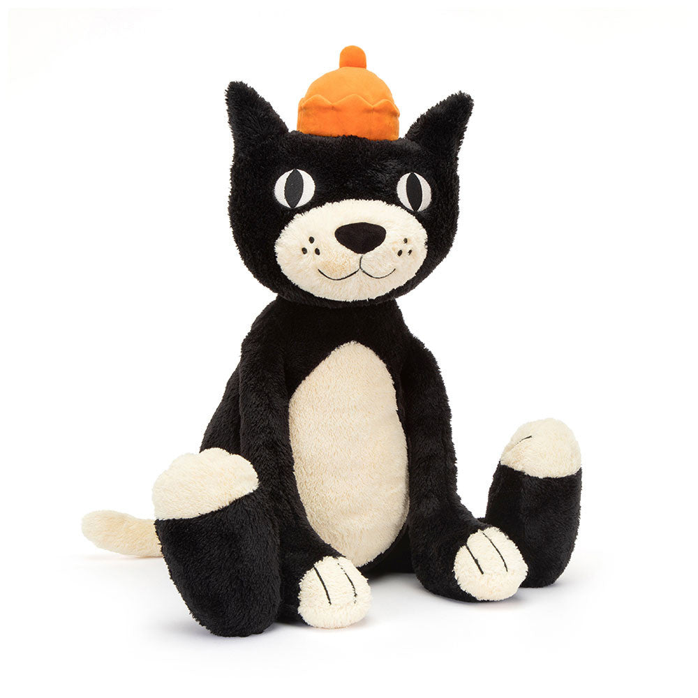 Jellycat Jack is finally here! This tuxedo cat has soft tufty fur, huge stitched paws and a friendly smile. With a long curved tail and L-shaped paws, Jellycat Jack has a soft velour crown of iconic orange jelly! Dimensions approx: 16" x 5" x 4". Suitable from birth.