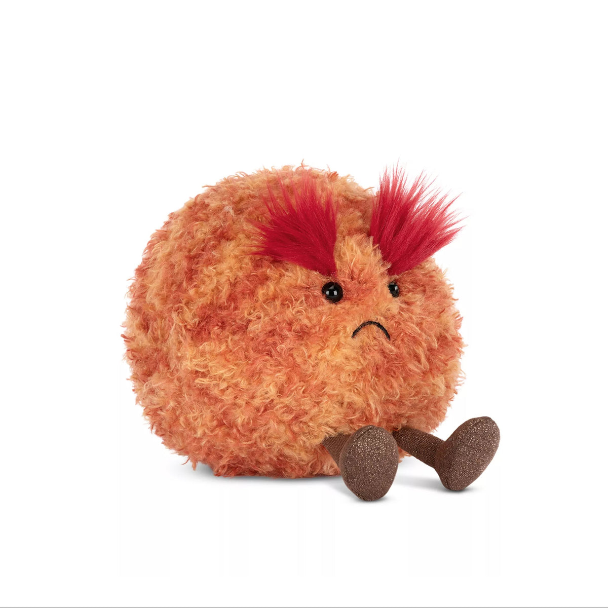 Plush toy Jellycat planet Mars with red hair and sad expression on a white background