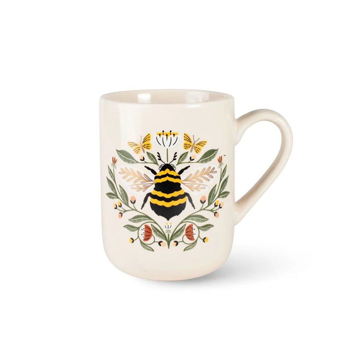 White mug with a bee and floral design on a white background