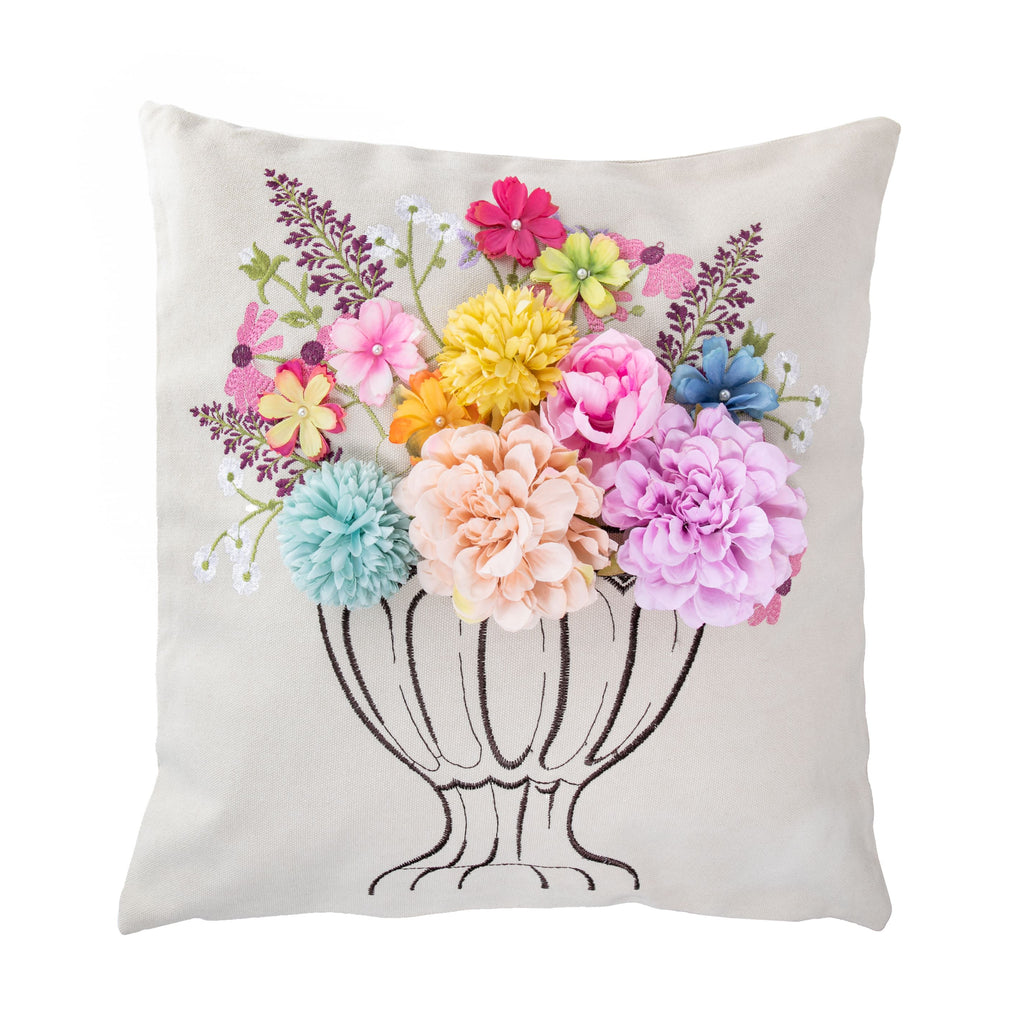 This delightful throw pillow is richly embroidered and appliqued with silk flowers and tiny pearls. The base is a heavy cotton canvas in a natural color which makes the design pop.  Zipper at the bottom to allow inner to be removed for cleaning. Dimensions: 16" x 16".