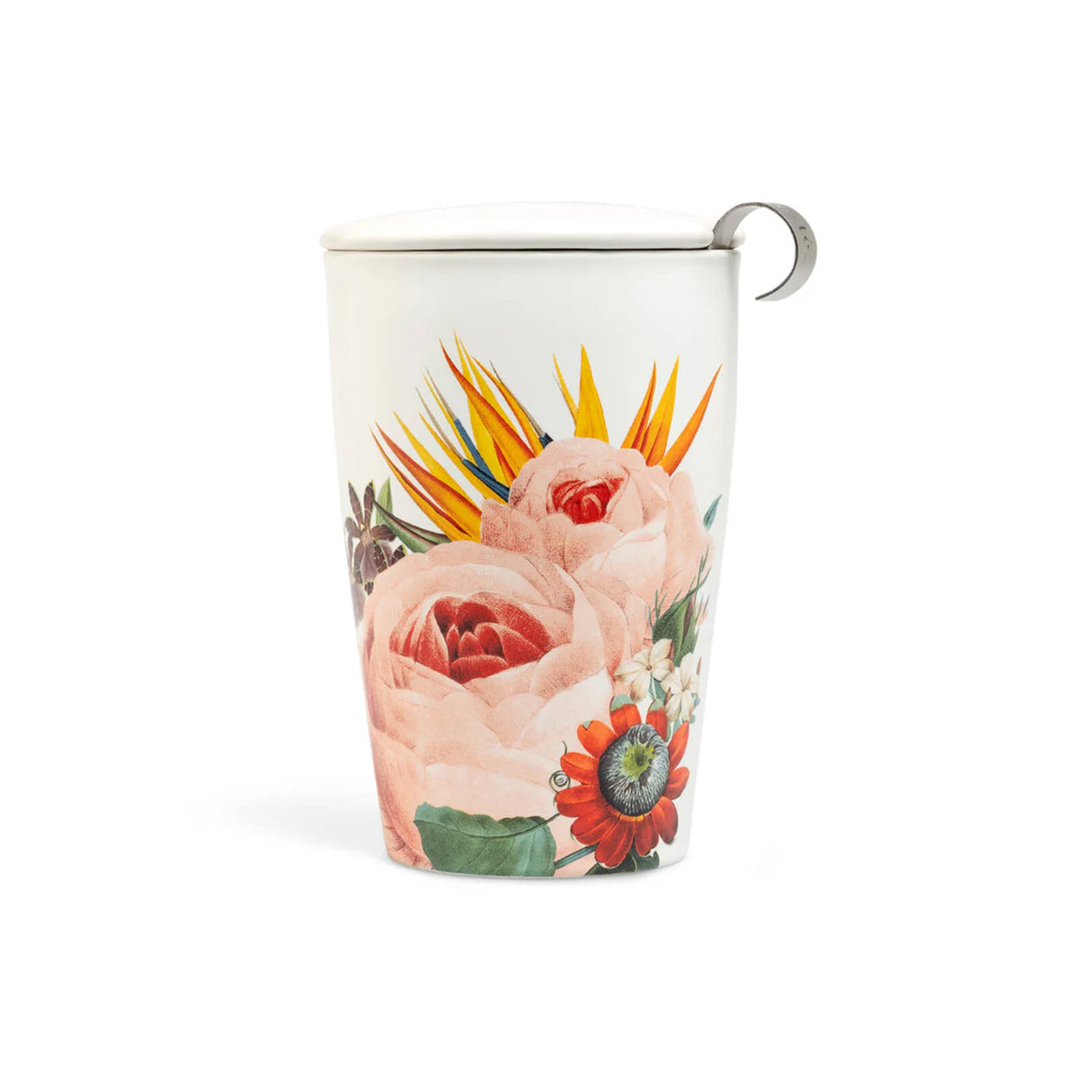 Tea steeping cup with floral design on a white background