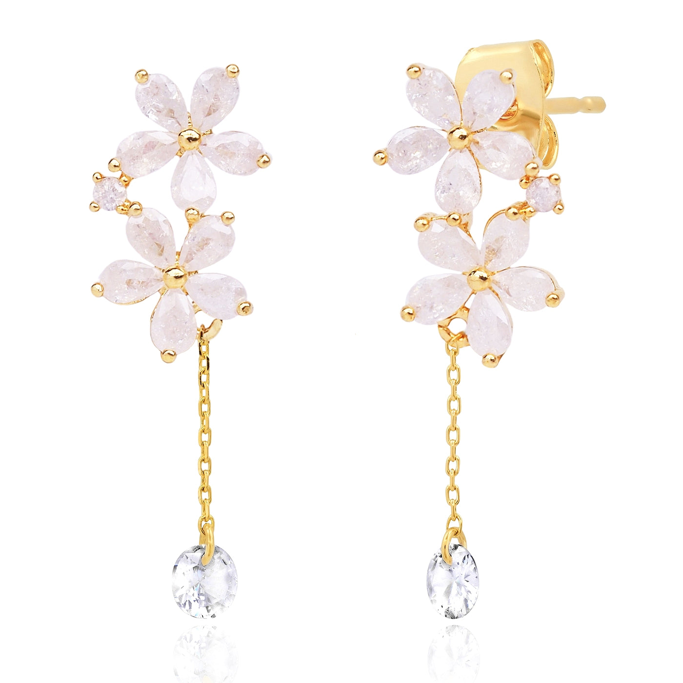 Pair of floral earrings with gold accents on a white background