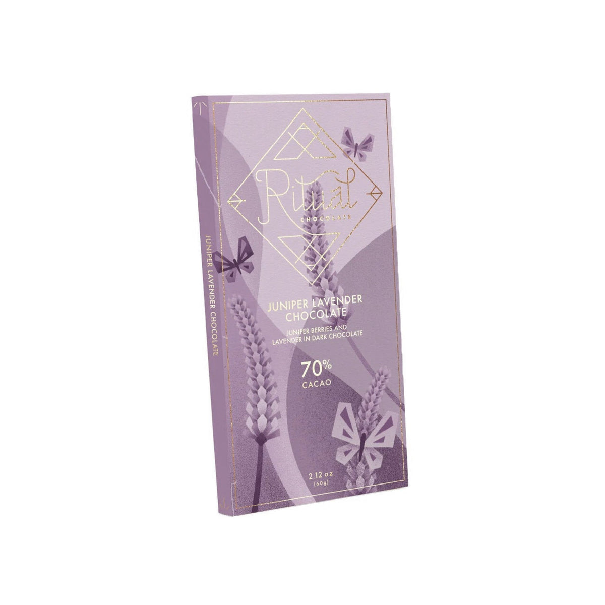 Purple chocolate bar packaging with butterfly design on a white background