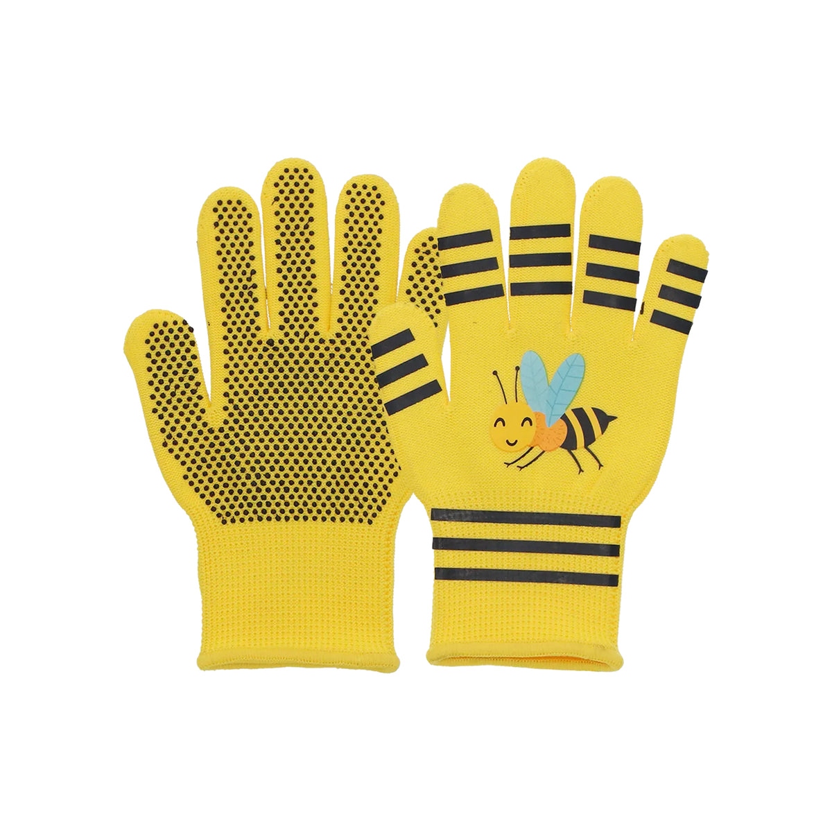Yellow kids gardening gloves with a bee design on a white background