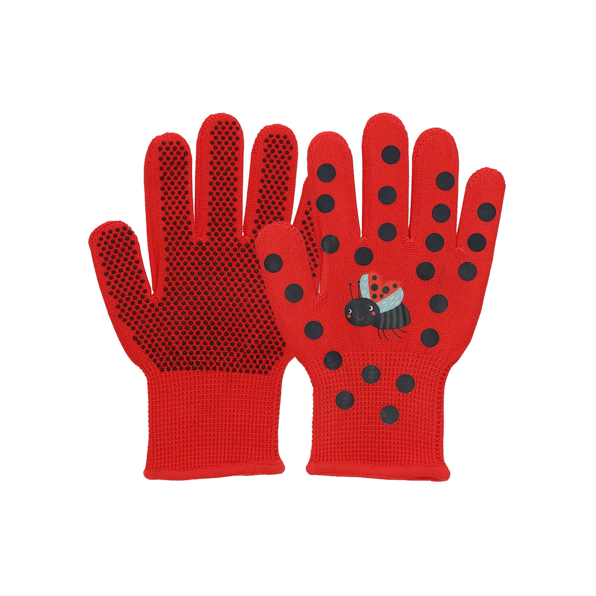 Red kids gardening gloves with black dots and a ladybug design on a white background