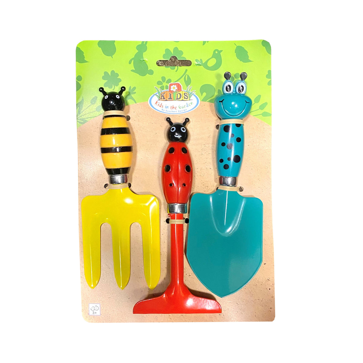 Set of colorful children's gardening tools with insect designs on a branded card.