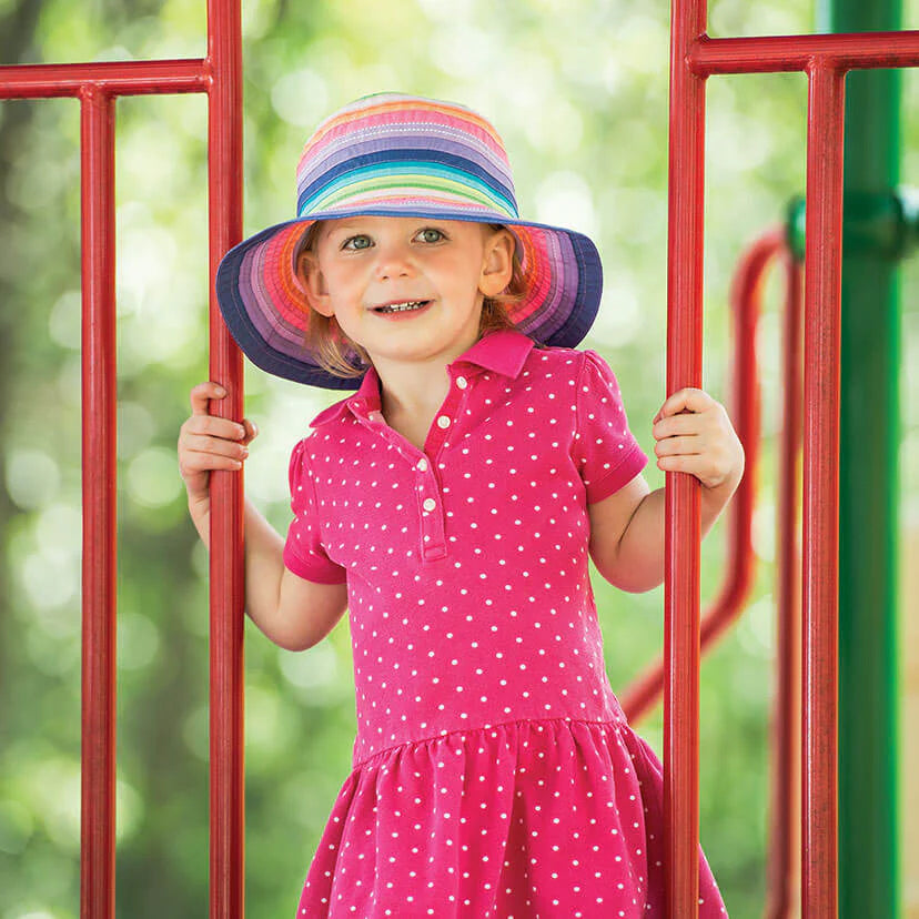 This rainbow bucket hat brings color and fun into your child’s summer wardrobe. The rainbows and ombre effect created by the ribbons are perfect for playing in the yard or at the beach. This hat protects your little one from the sun’s rays in an absolutely adorable way. UPF 50+ Crown size: 52cm ( 2-5 yrs).