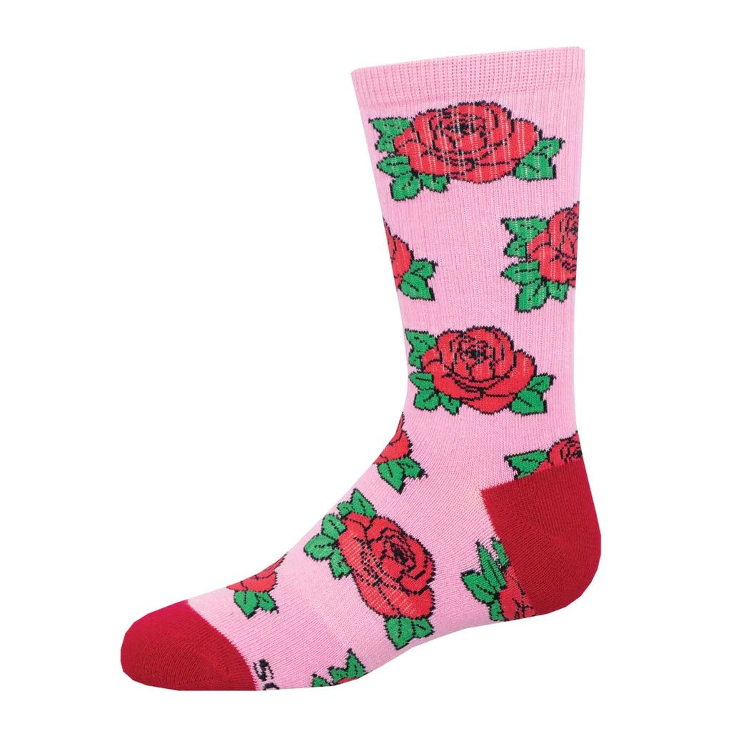 A poem for you: Roses are red, violets are blue, and your kid's feet will love these socks too. These crew-height super-socks feature a lightly padded footbed, arch support and seamless toe. Kids socks - age 7-10 years, shoe size 12-5Y Materials: 51% Cotton, 47% Nylon, 2% Spandex