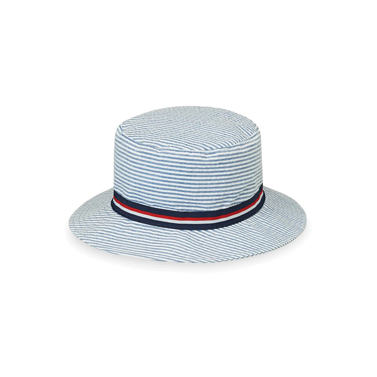 A light blue and white striped kids bucket hat with a navy-blue band featuring red, white, and navy stripes, set against a plain white background.