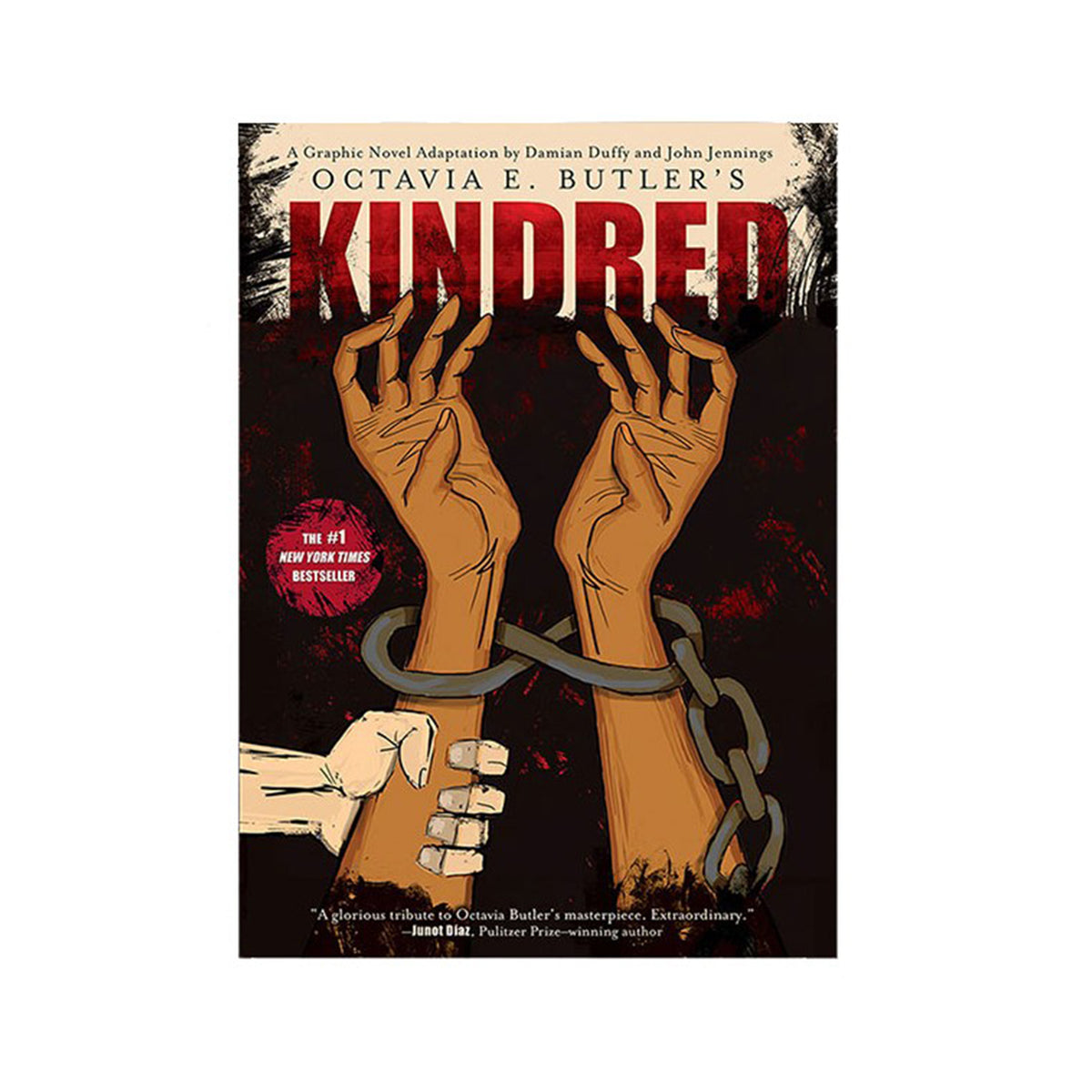 Book cover of 'Kindred' by Octavia E. Butler featuring two hands with chains.
