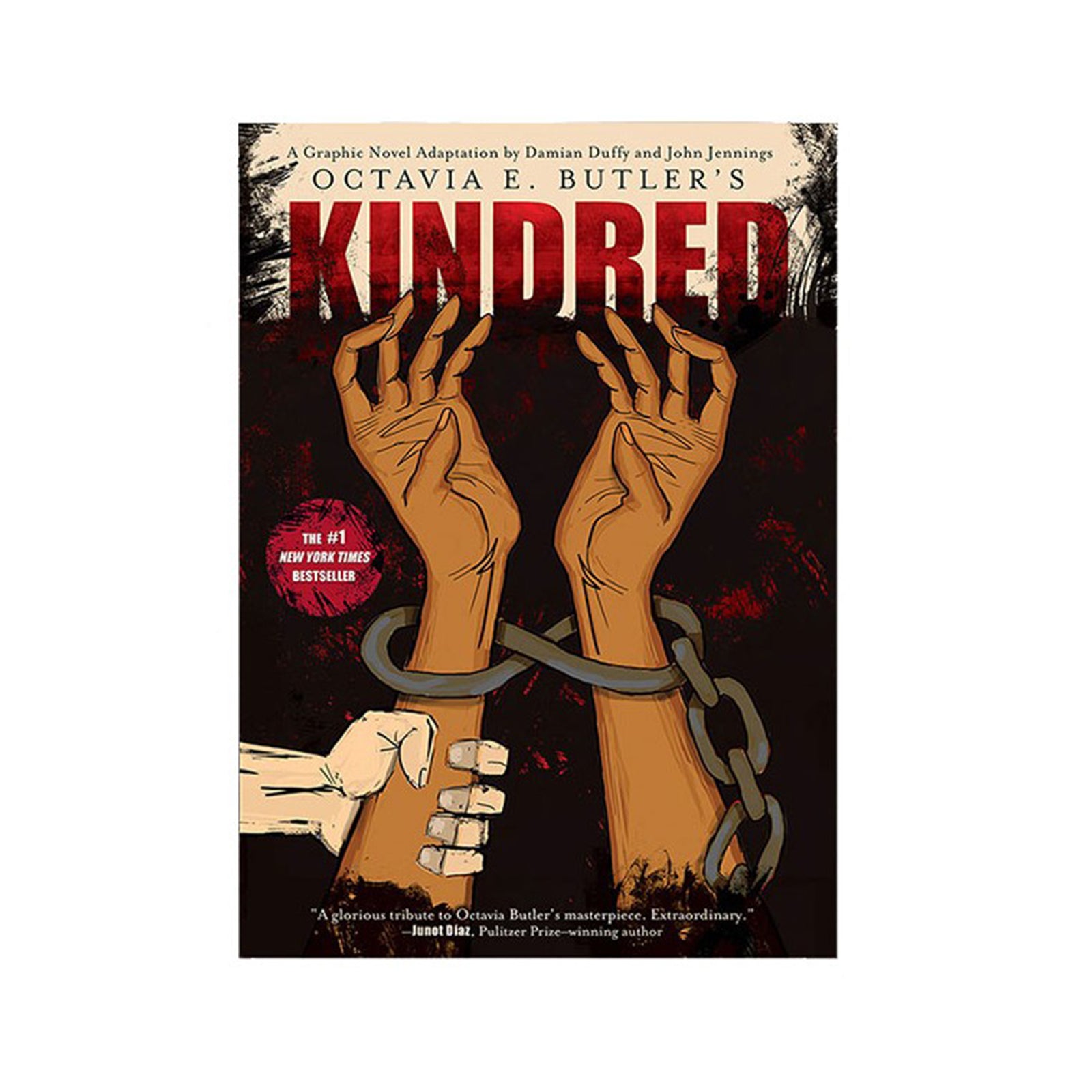 Book cover of 'Kindred' by Octavia E. Butler featuring two hands with chains.