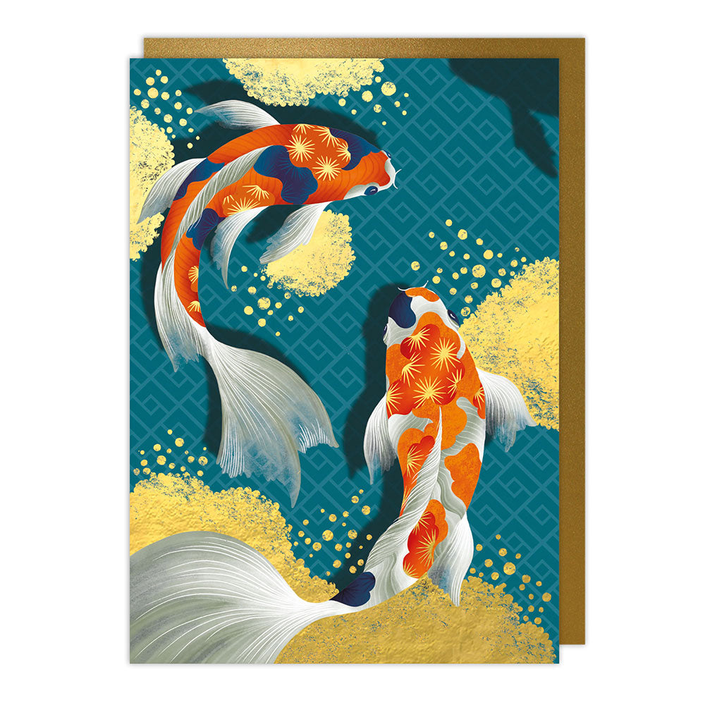 This delightful greeting card features two colorful Koi Carps, swimming serenely in a deep teal pond. 