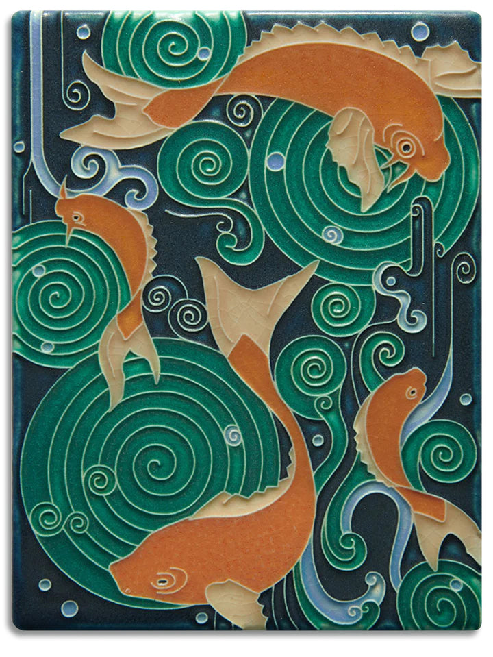 This graceful Koi Pond tile is a scaled adaptation of a larger mural originally designed for the Grand Rapids [Michigan] Art Prize competition.  Motawi tiles are striking art pieces and installation accents. Tiles are 5/8" thick and have a notch at the back for hanging.