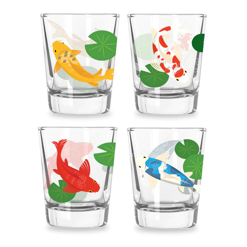 This fun set of shot glasses is sure to get any party started! Each glass features a pretty koi-carp design which starts out plain white, but morphs into beautiful colors when cold drinks are added. Each glass has a different color koi, each with its own meaning. Set of 4 Dimensions: dia. 2" x height 3".