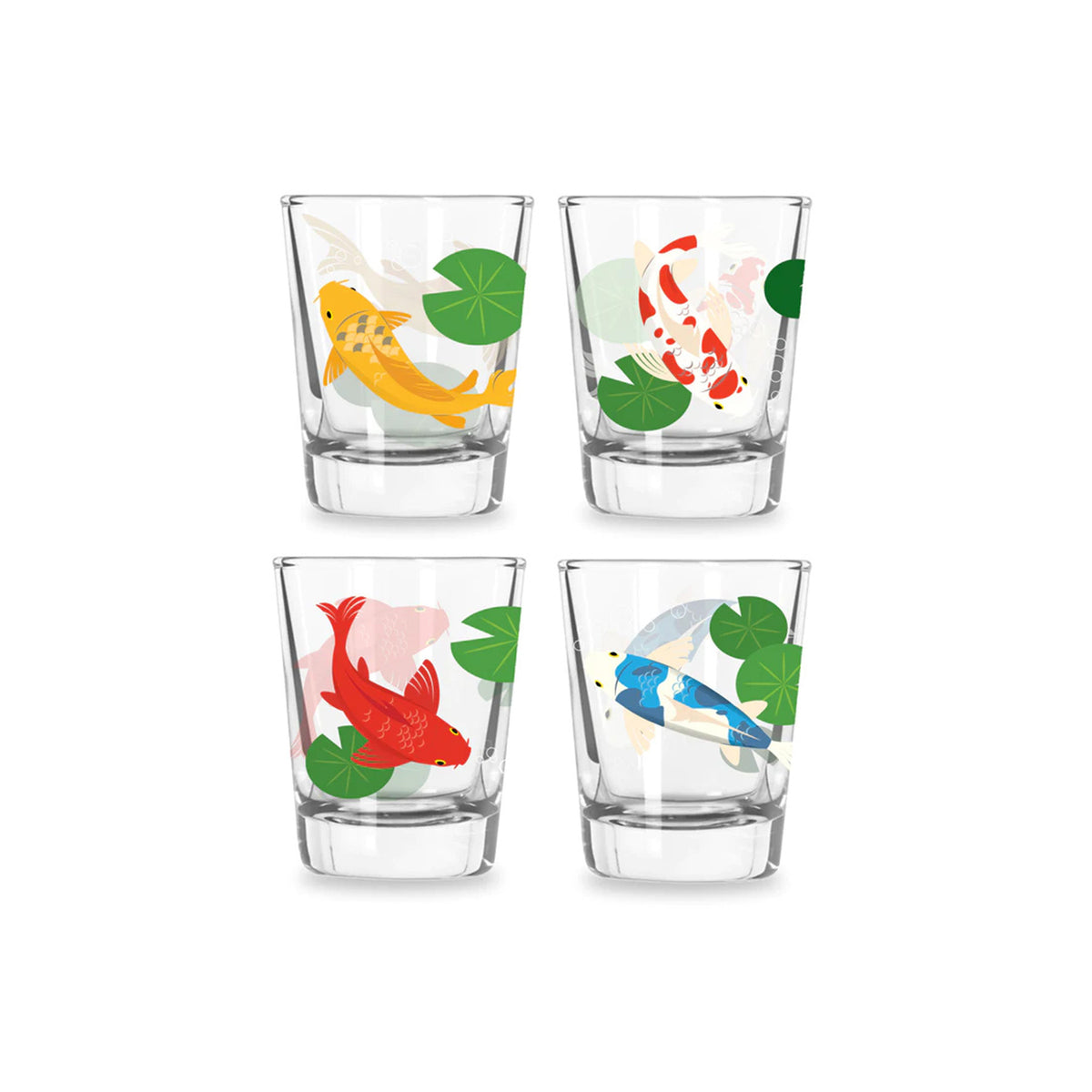 Set of four clear shot glasses with koi fish and leaf designs on a white background