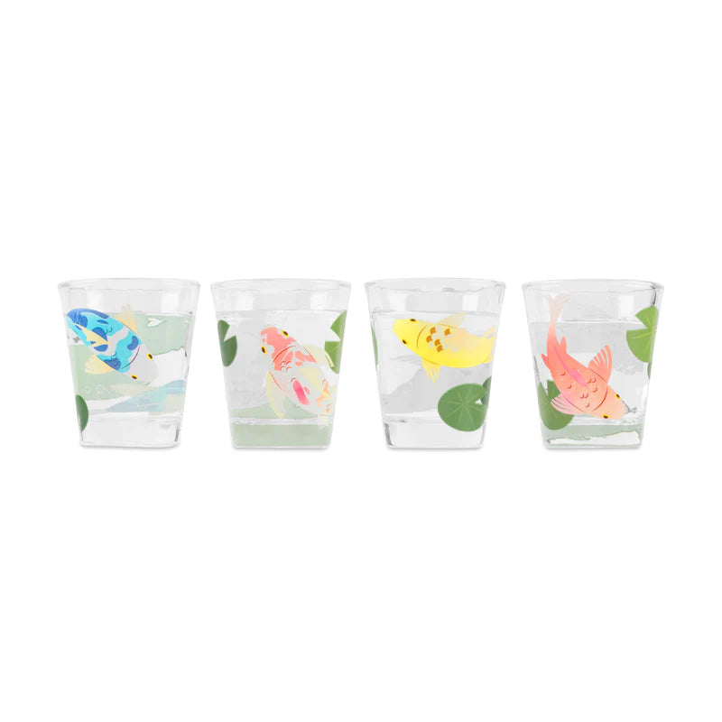 This fun set of shot glasses is sure to get any party started! Each glass features a pretty koi-carp design which starts out plain white, but morphs into beautiful colors when cold drinks are added. Each glass has a different color koi, each with its own meaning. Set of 4 Dimensions: dia. 2" x height 3".
