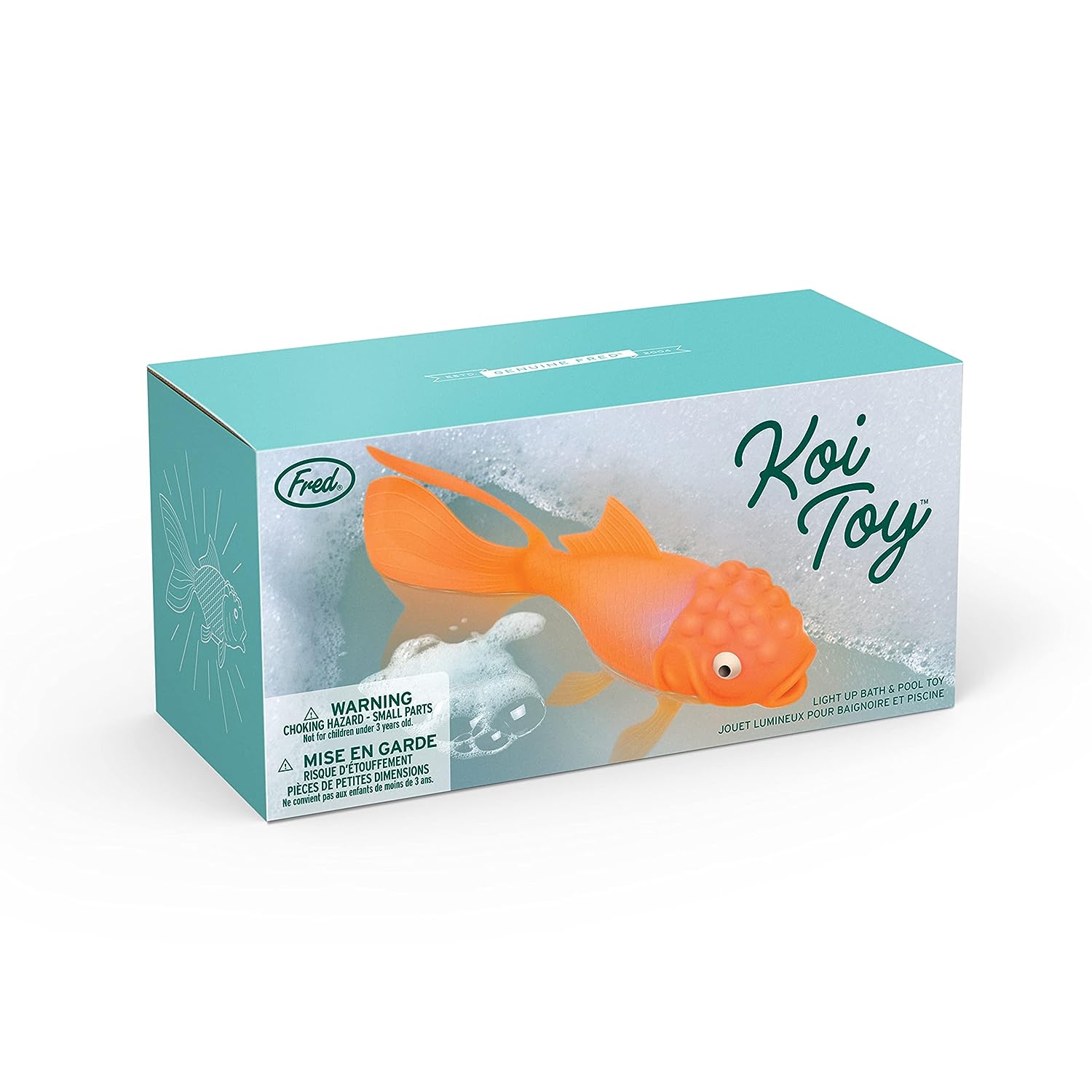 A boxed bath toy depicting an orange koi fish with a rainbow of hues glowing from it, indicating the toy lights up, placed against a white background.