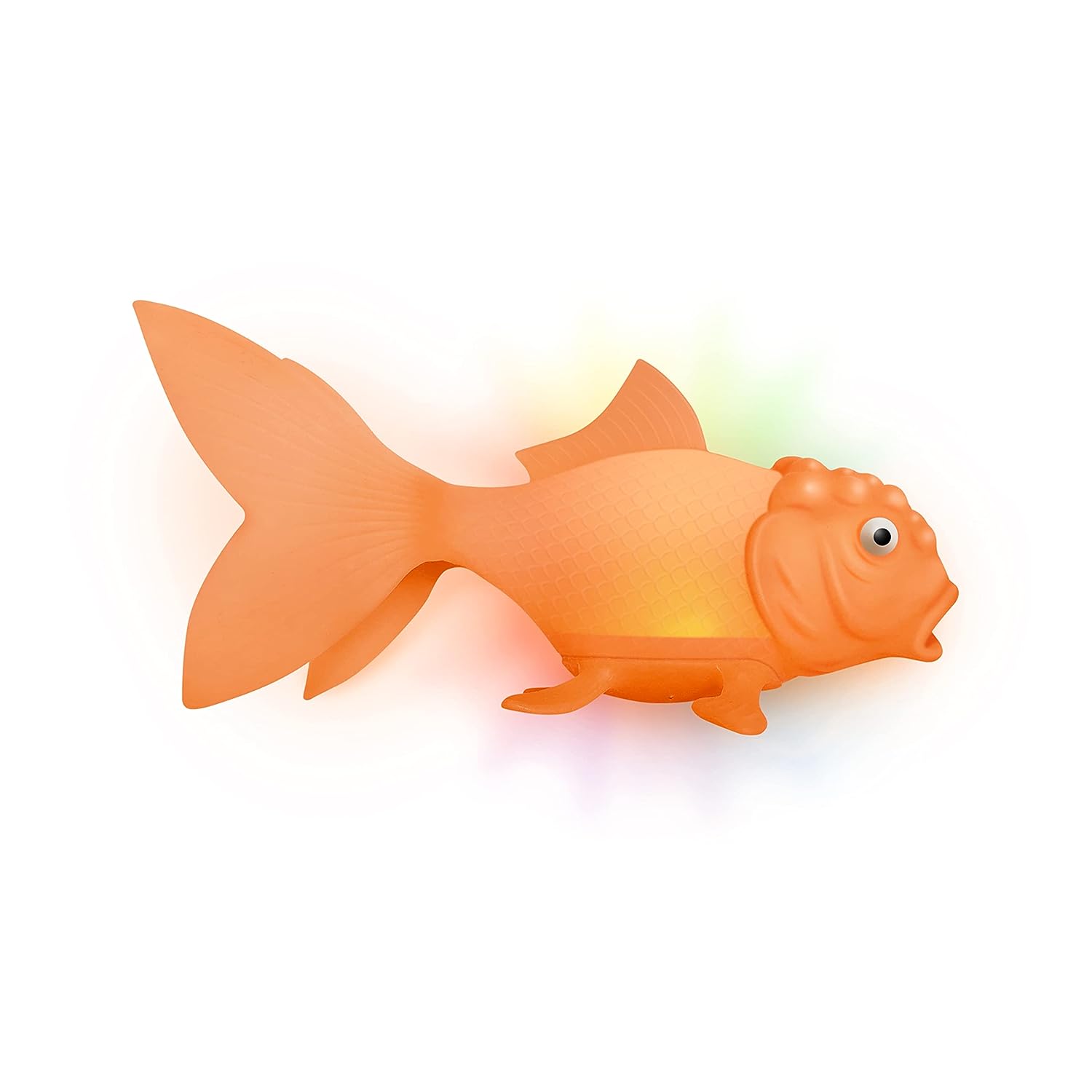 A boxed bath toy depicting an orange koi fish with a rainbow of hues glowing from it, indicating the toy lights up, placed against a white background.