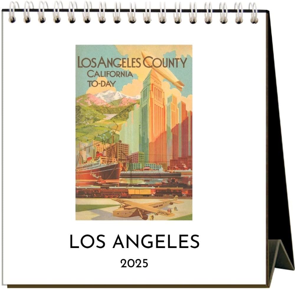 Take a step back in time, whilst planning the days ahead with this 2025 desk calendar, featuring 12 full color images of Los Angeles from the 1920's to the 1960's. This handy-sized calendar includes a fold out stand so that the calendar can be placed on a desk or counter-top. Dimensions: 6" x 6". Spiral bound.