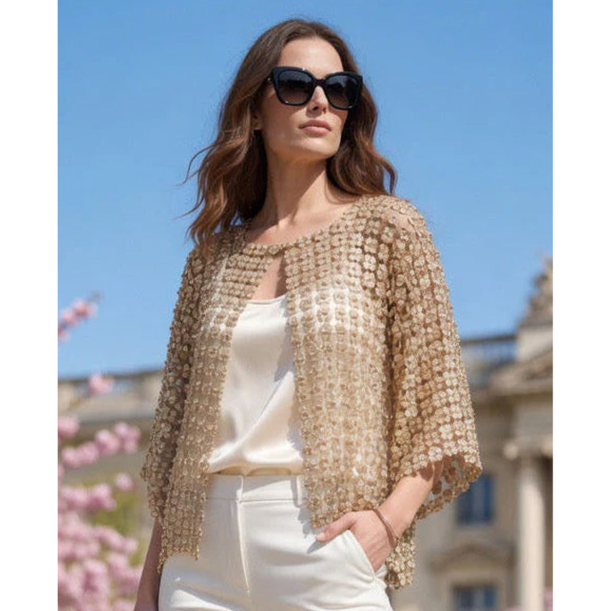 SHORT LACE COVERUP WITH ALL OVER PEARLS