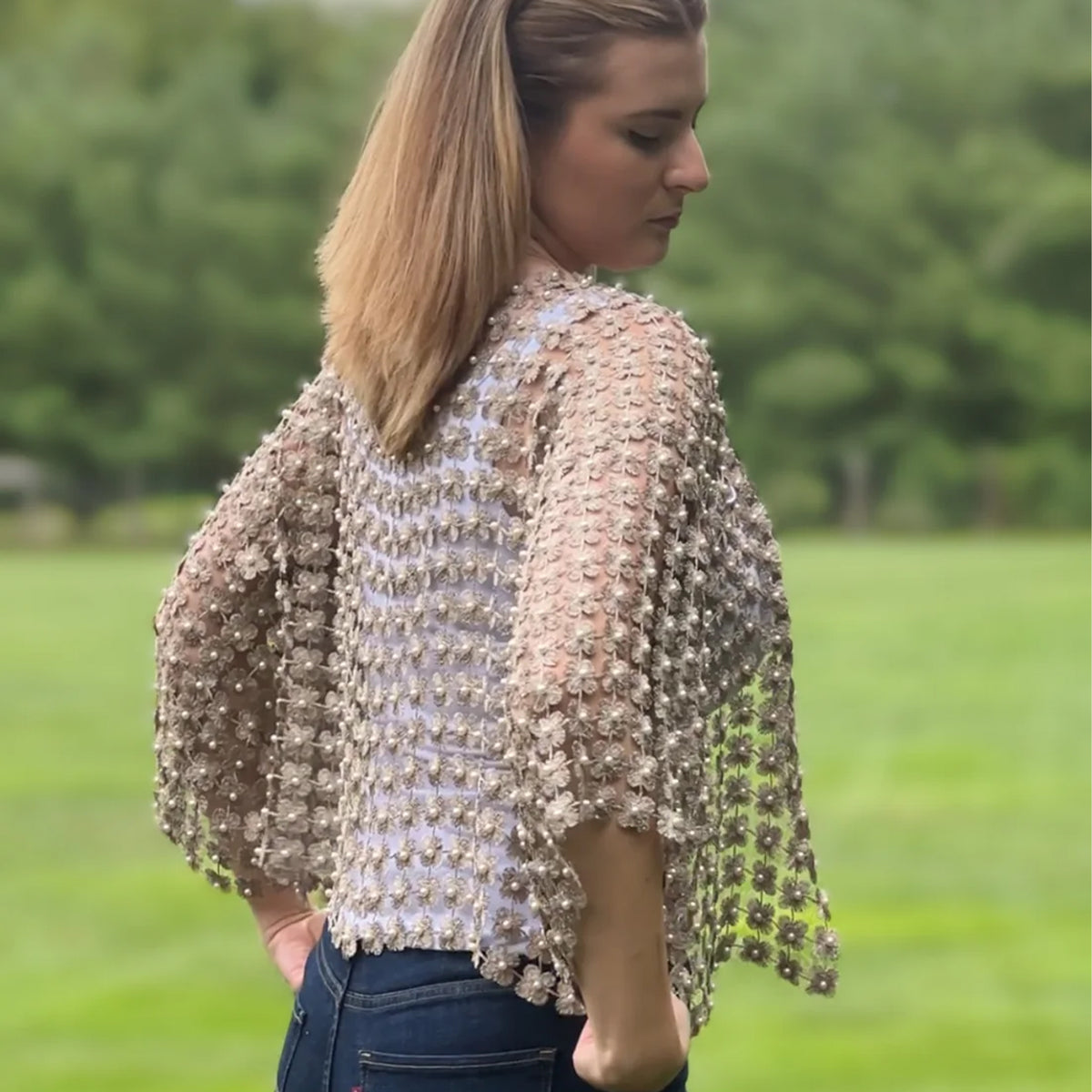 SHORT LACE COVERUP WITH ALL OVER PEARLS