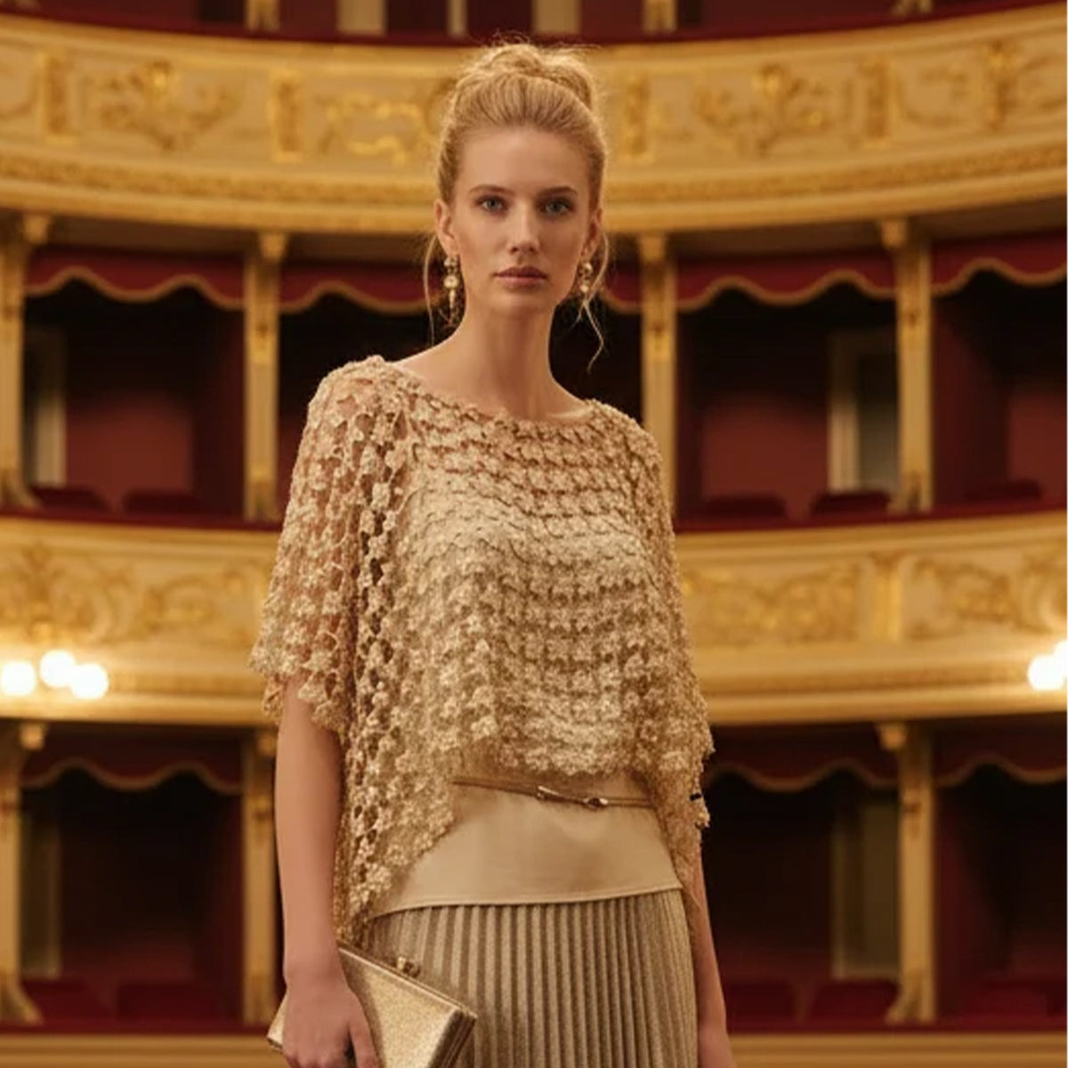SHORT LACE PONCHO WITH ALL-OVER PEARLS