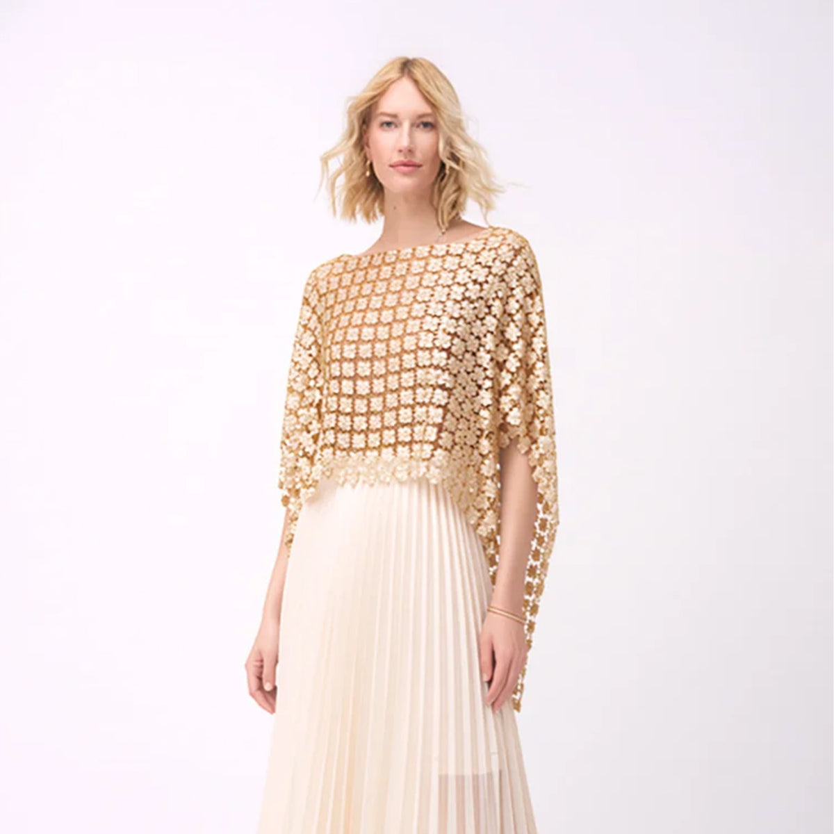 SHORT LACE PONCHO WITH ALL-OVER PEARLS