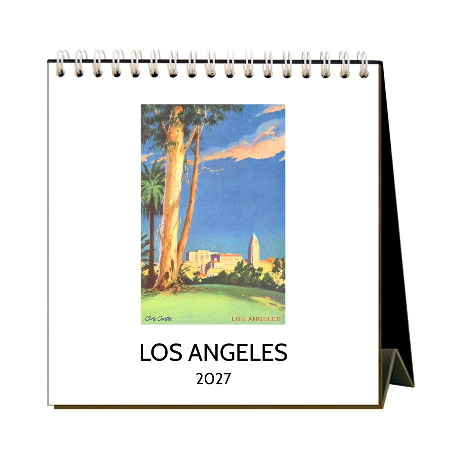 Easel style 2027 desk calendar featuring vintage images of Los Angeles, on a white background. 