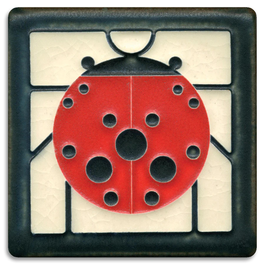 "All the world loves a ladybug. They're insect friend Number 1." - Charley Harper Mid-century modern meets Motawi mastery in these tiles based on the work of celebrated wildlife artist Charley Harper (1922-2007), a self-described "minimal realist." Tiles are 5/8" thick and have a notch at the back for hanging.