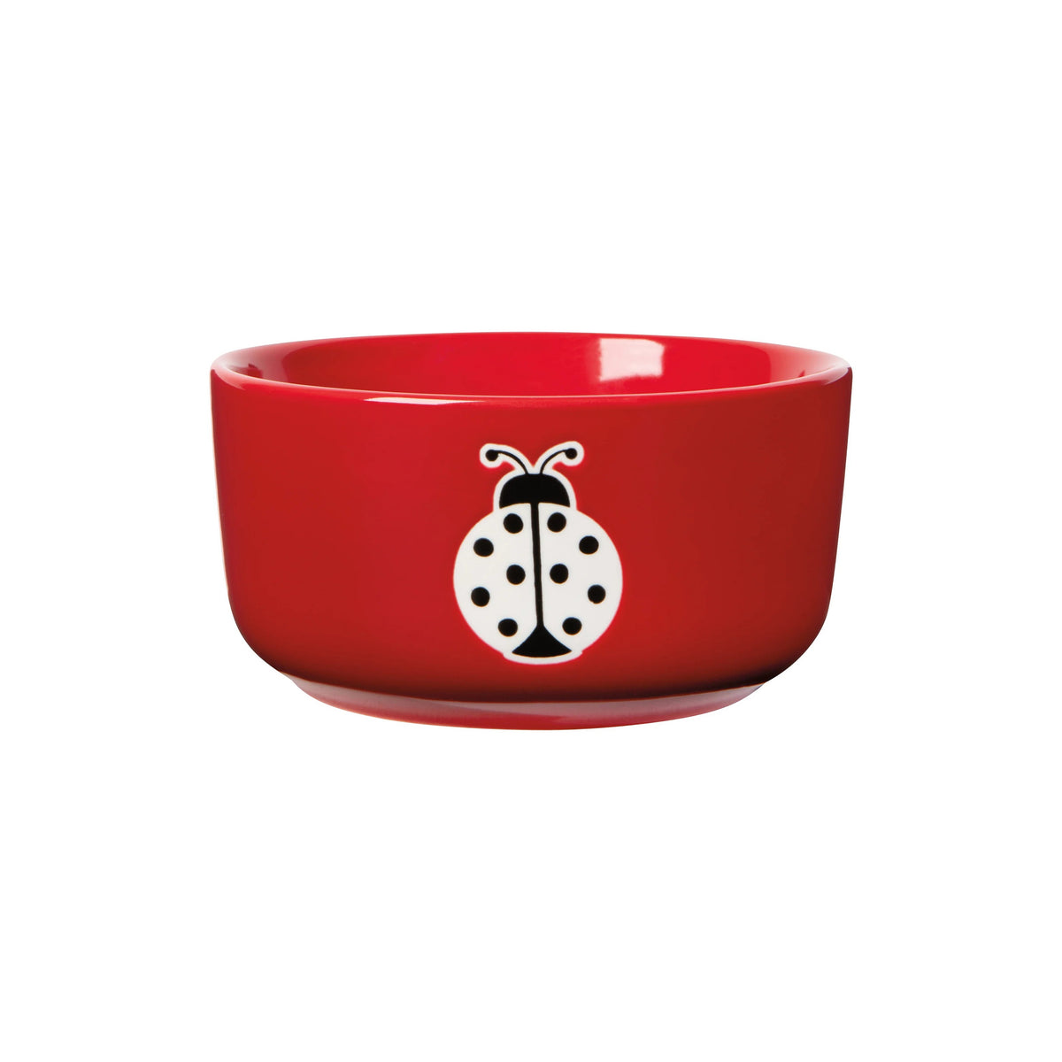 A red ceramic bowl featuring a white ladybug design with black spots on the front, set against a plain white background.