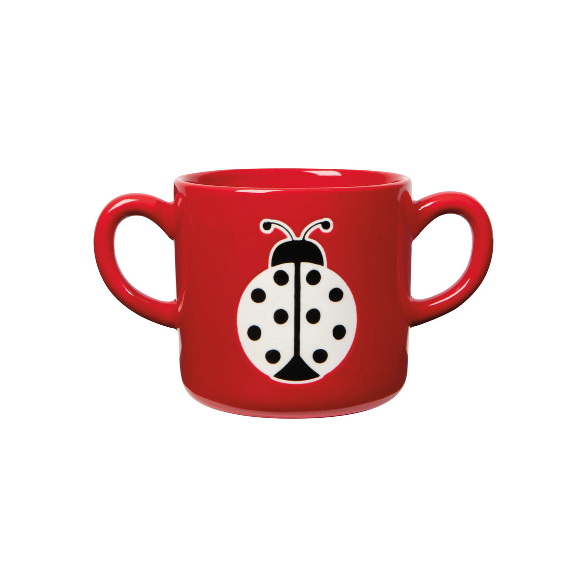 A red ceramic mug with two side handles and a black and white ladybug graphic on the front, set against a plain white background.