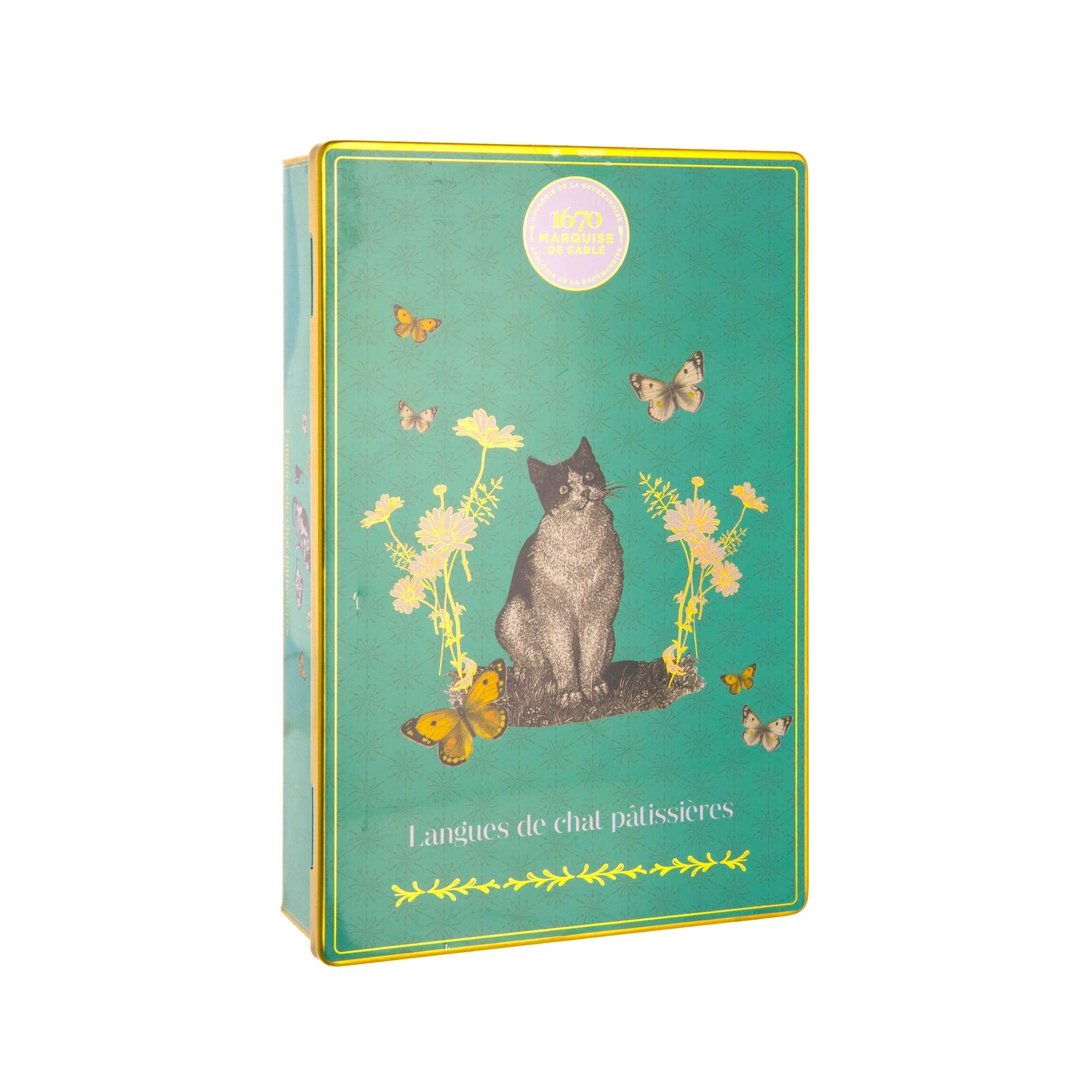 Green box filled with french butter cookies with a cat illustration on a white background