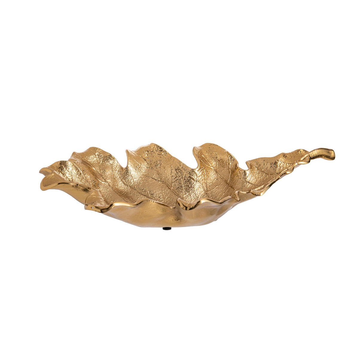 Gold oak leaf-shaped decorative bowl on a white background