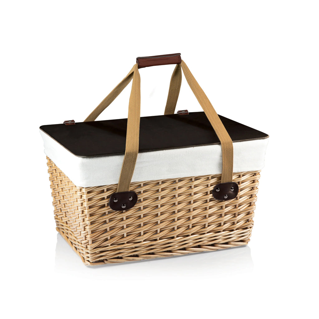 English style rattan picnic basket for 2. It’s small enough for easy transport yet large enough for all your picnic fare. Handwoven willow body with two-strand basket weave design. Hard-surface lid that serves as a flat surface to hold plates or drinks. Removable cotton liner. Dimensions: 16.5" x 11.5" x 10".