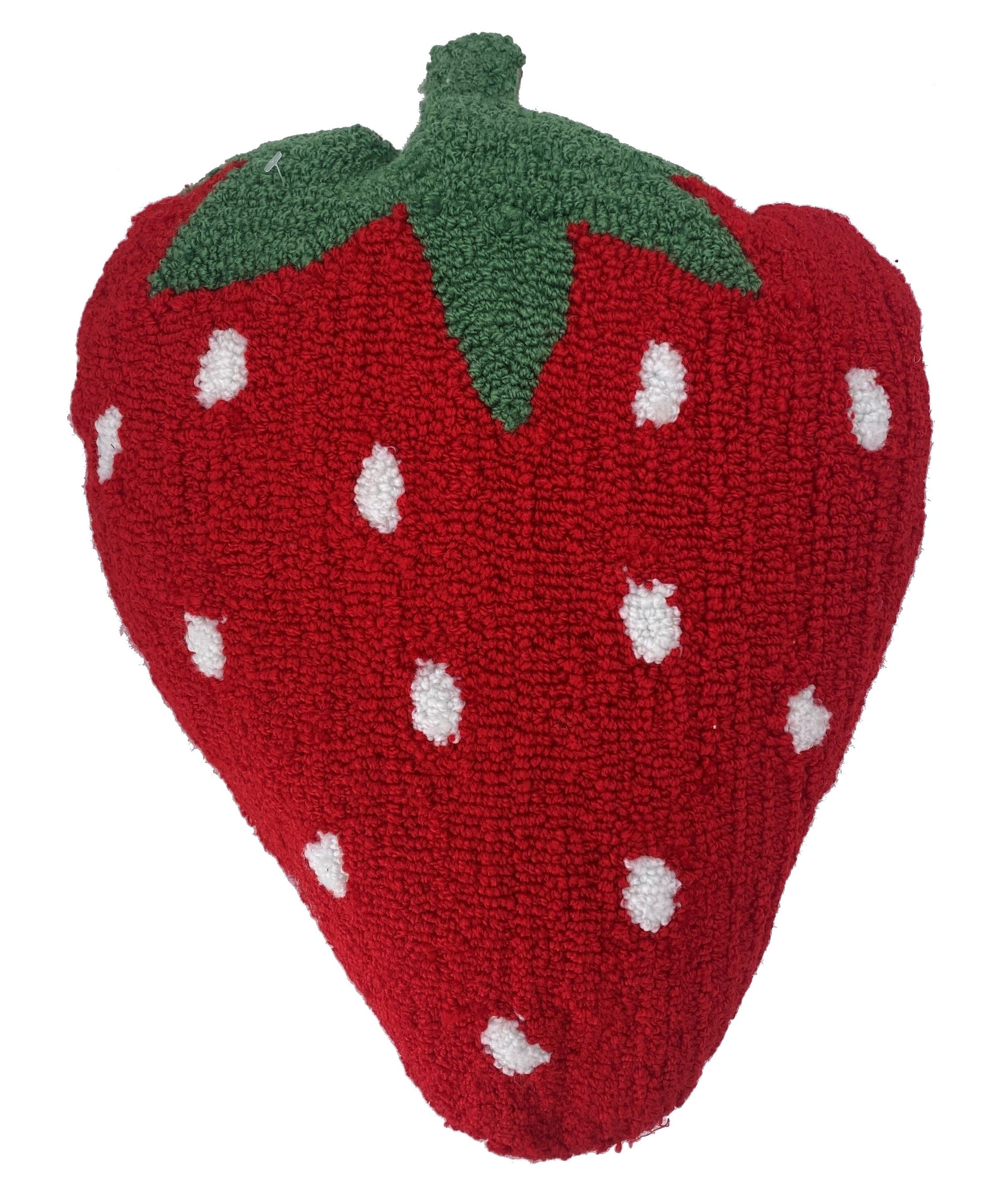 Fun strawberry shaped pillow. The front is made from hooked acrylic wool, the reverse is a soft cotton canvas, making this pillow both wonderfully decorative, and yet super comfortable. Materials: Acrylic wool, cotton canvas. Fill: polyester. Spot clean. Cover not removeable. Dimensions: 19" x 14" x 4.5".