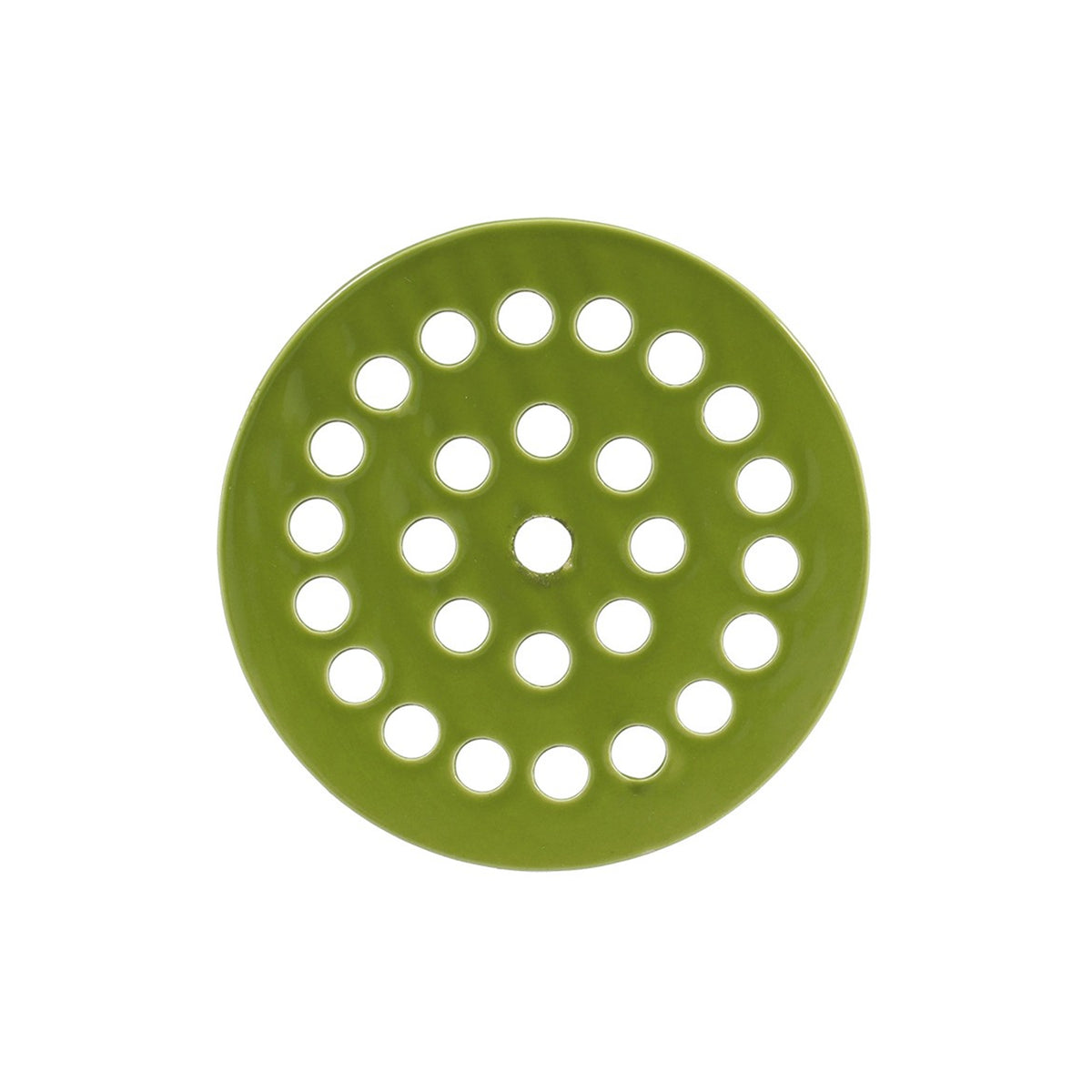 Green circular flower arranging 'kenzan' with holes on a white background
