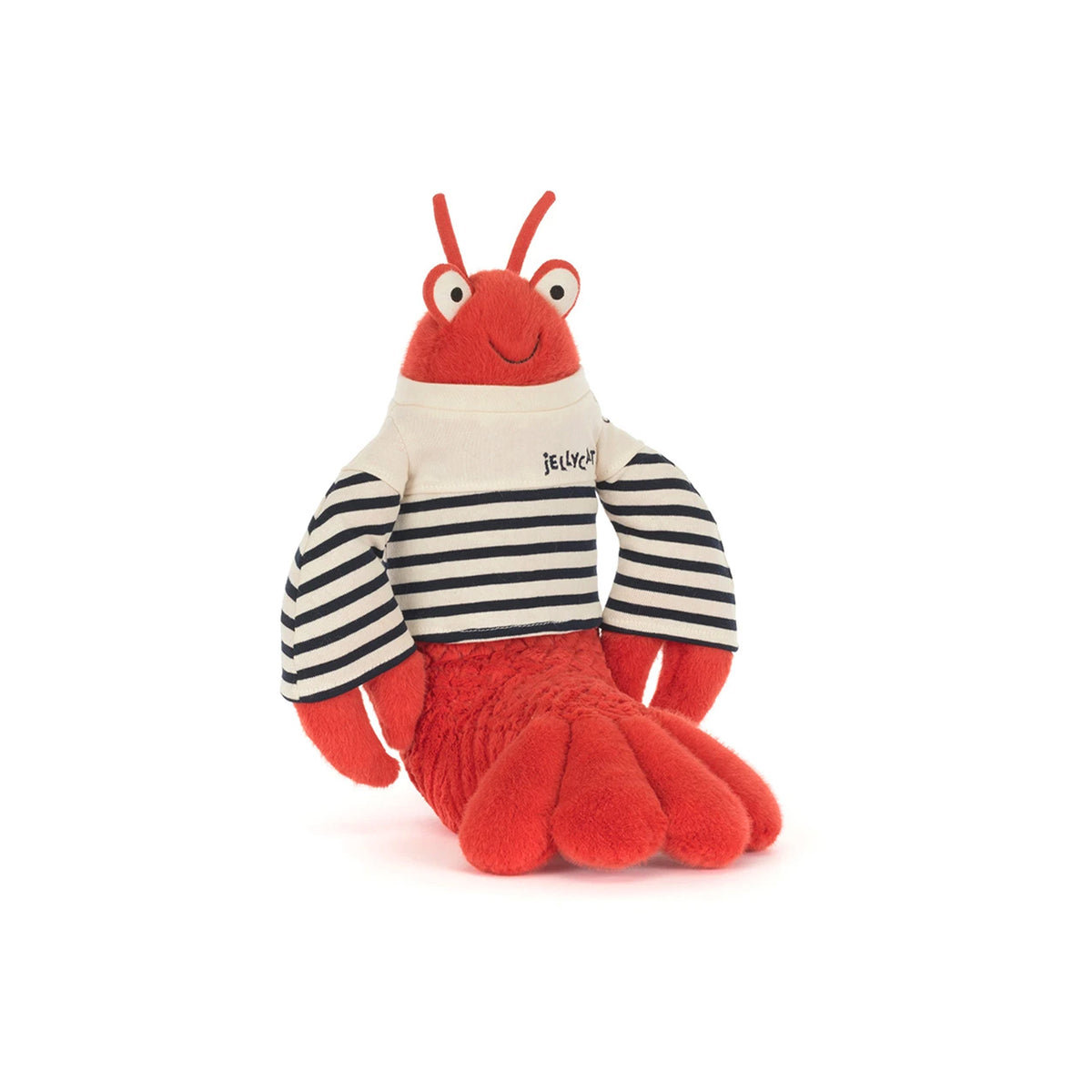 Plush toy Jellycat Larry Lobster wearing a striped sweater on a white background