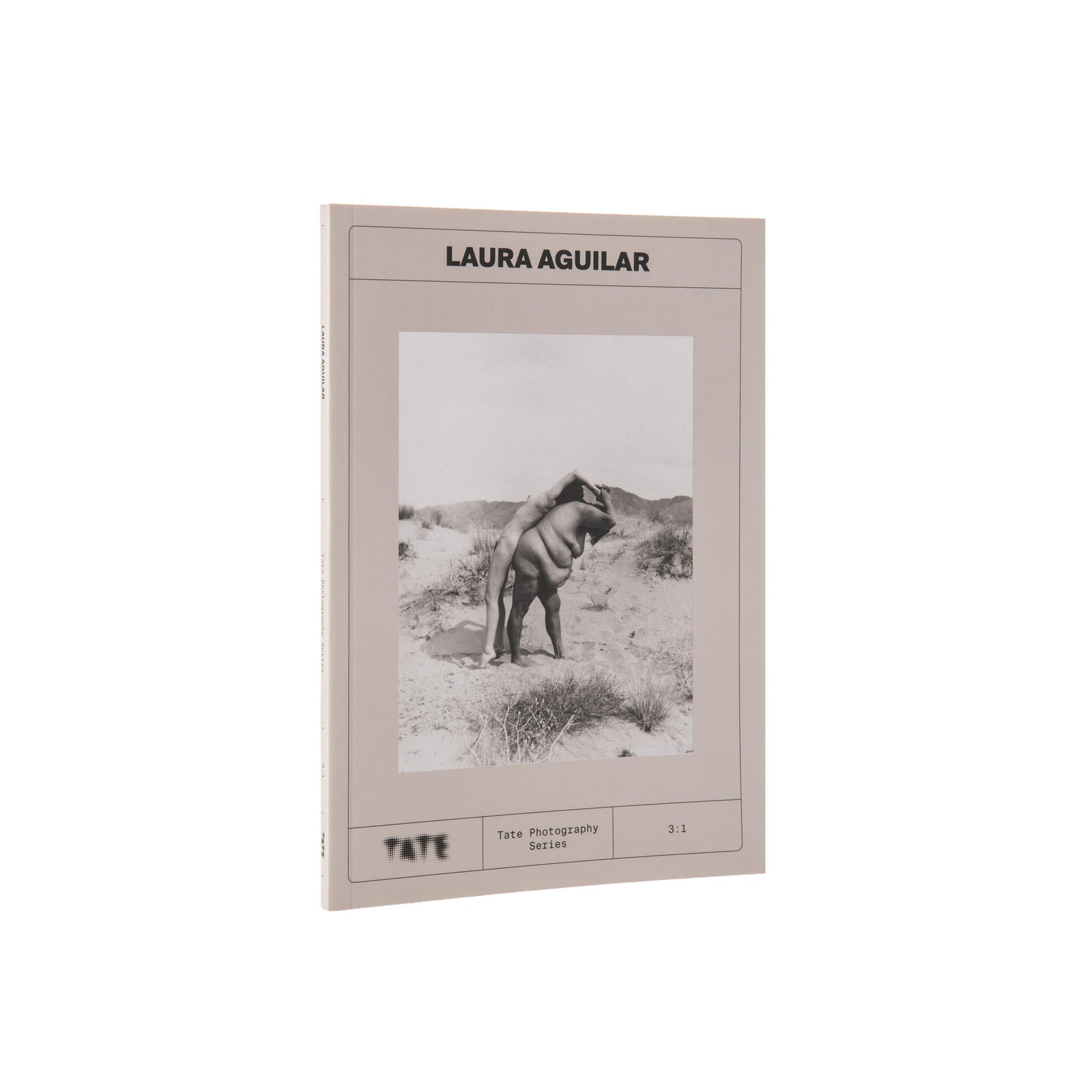 Book cover with a photo of a person in a desert landscape and 'Laura Aguilar' text on a beige background
