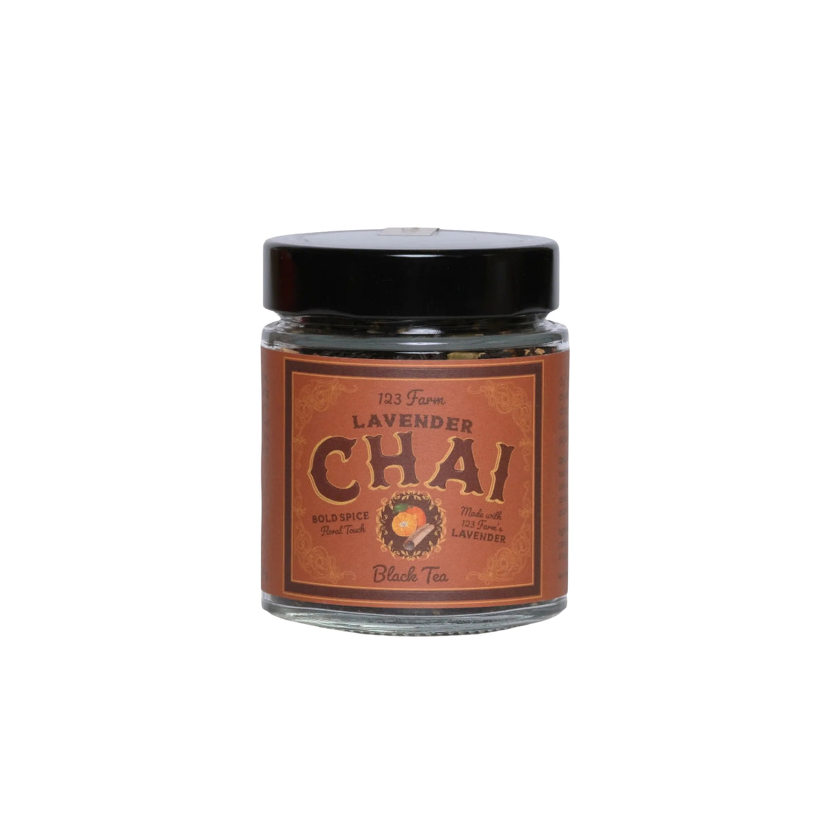 A glass jar of Lavender Chai Black Tea with a black lid and a brown label, shown on a plain white background.