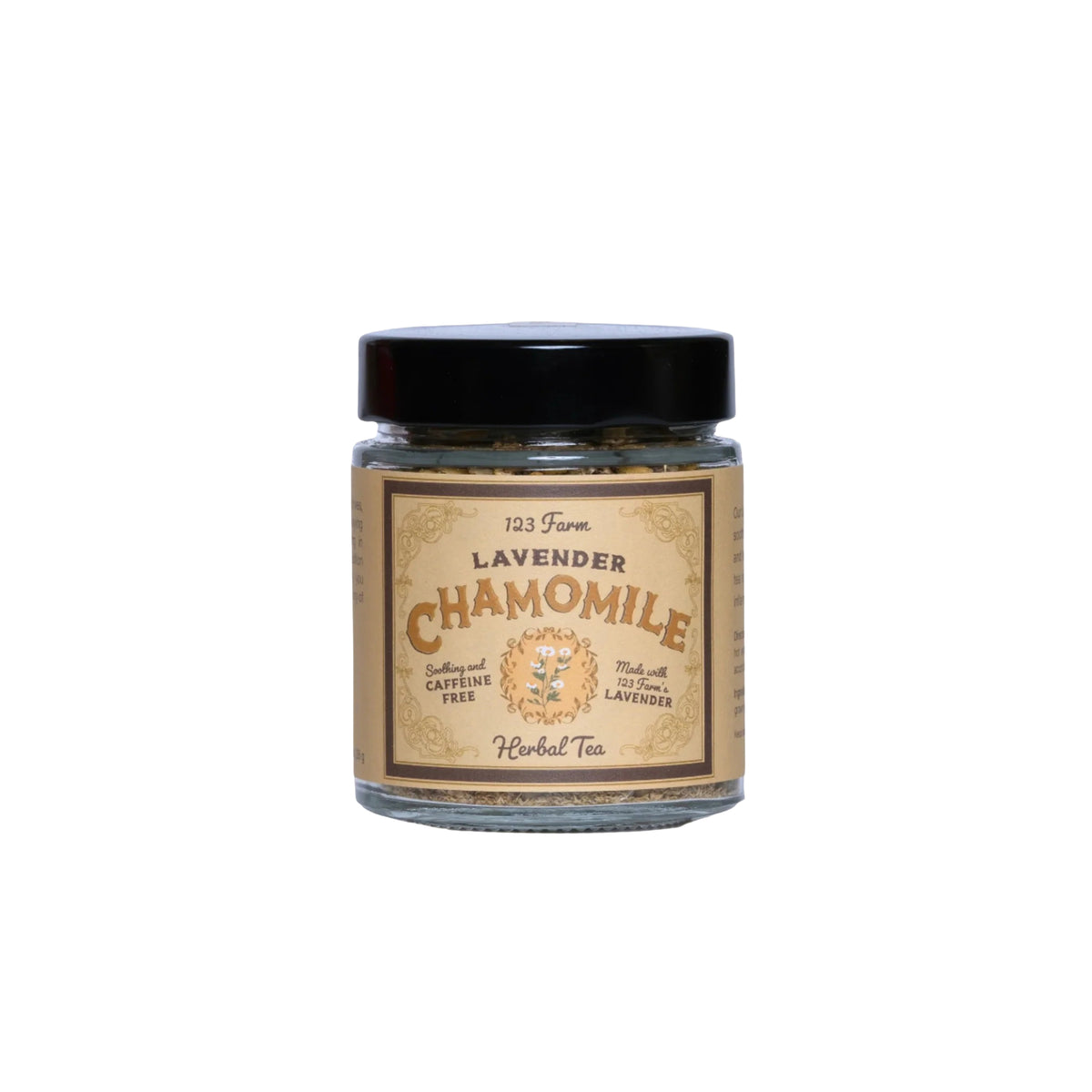 A small glass jar of Lavender Chamomile Herbal Tea by 123 Farm, featuring a black lid and a vintage-style tan label with brown lettering.