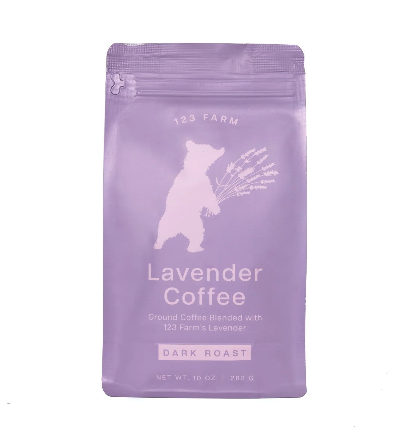 A bag of 123 Farm Lavender Coffee, which is a dark roast coffee blended with hand-harvested California lavender.