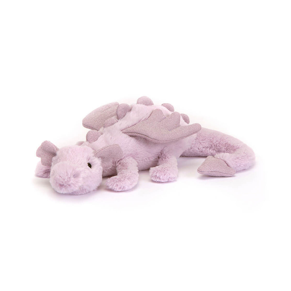 A plush Jellycat dragon toy in a soft lavender-purple color, lying down on a clean white background.