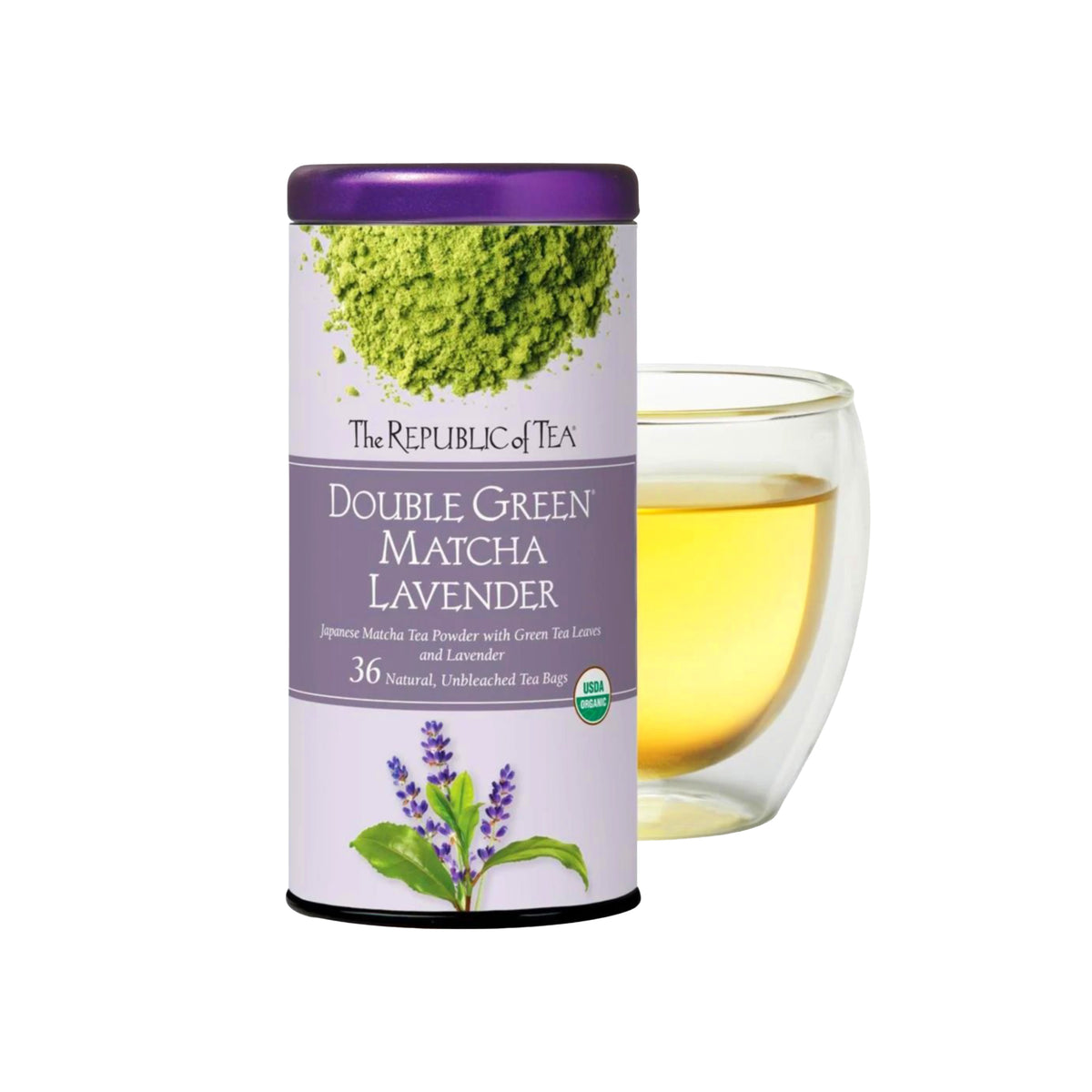 Canister of Double Green Matcha Lavender tea from The Republic of Tea with a glass of tea on a white background.