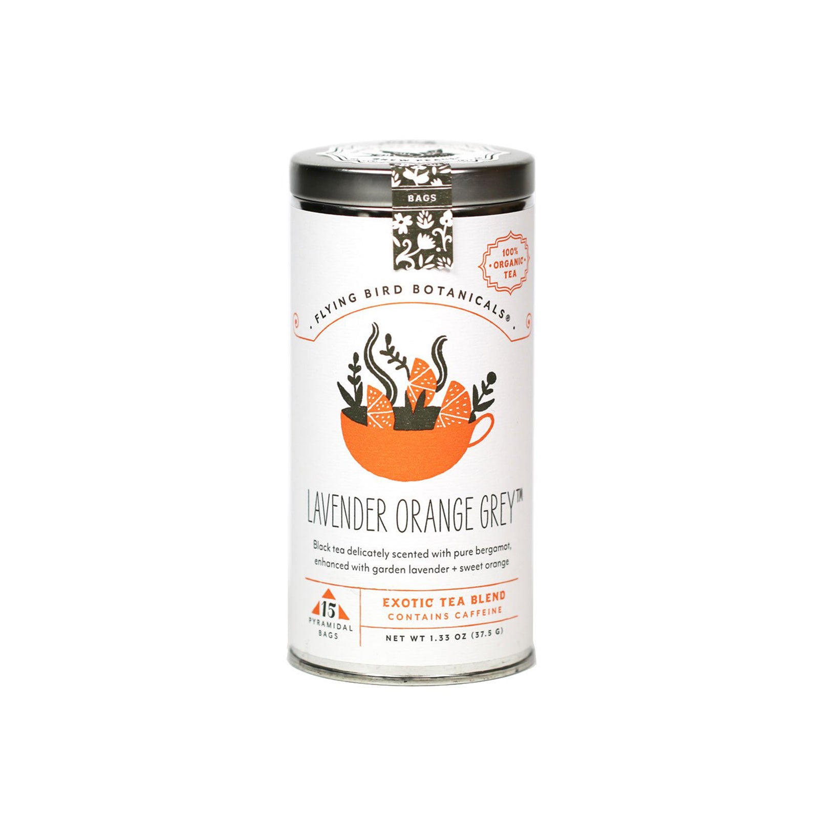 A cylindrical metal canister of Flying Bird Botanicals Lavender Orange Grey tea, featuring a white label with an orange cup illustration and a black lid, set against a plain white background.
