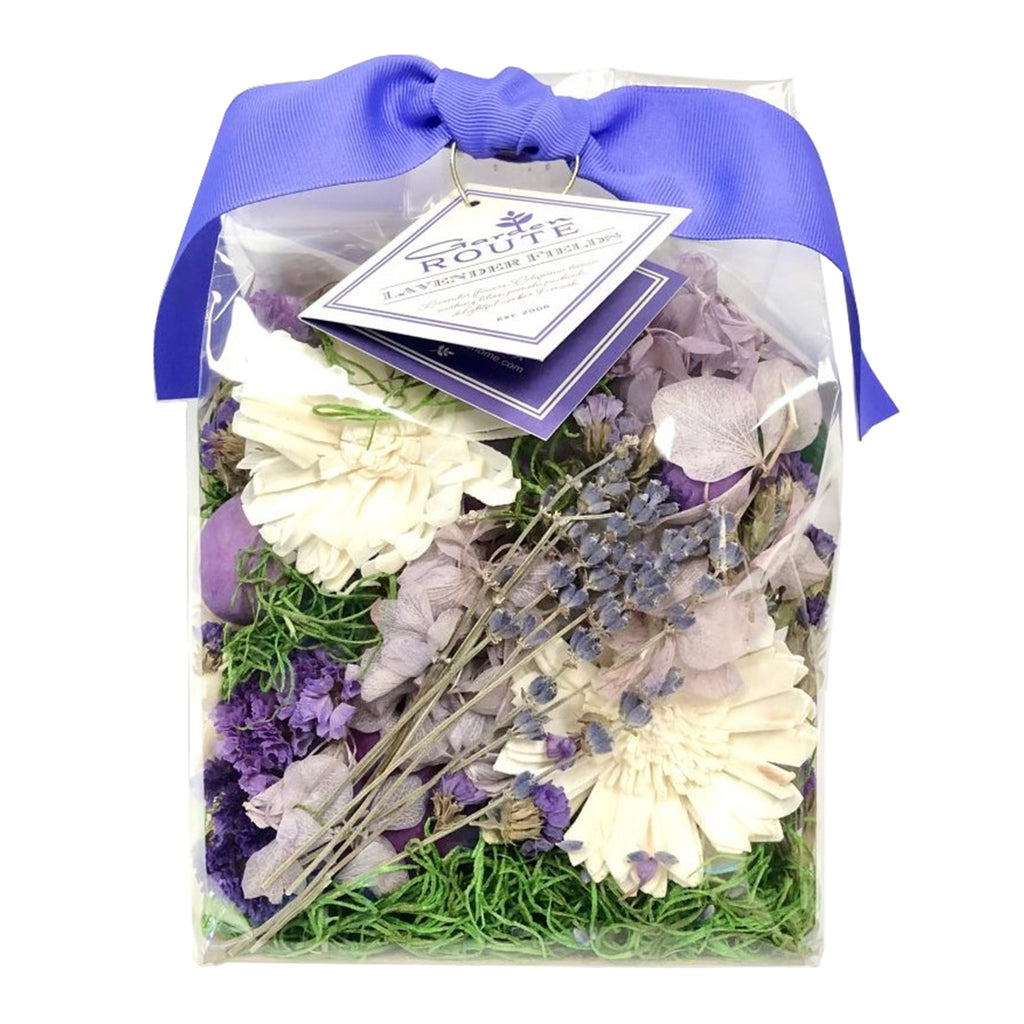 This exquisite potpourri blend contains a relaxing bouquet of French lavender blossoms fused with sweet star jasmine, tangy lemon juice and robust woody undertones of patchouli & sandalwood. This will add a subtle fragrance, and a delightful pop of spring color to any room in your home. Made in the USA Bag dimensions: 2.5" x 4" x8.5"