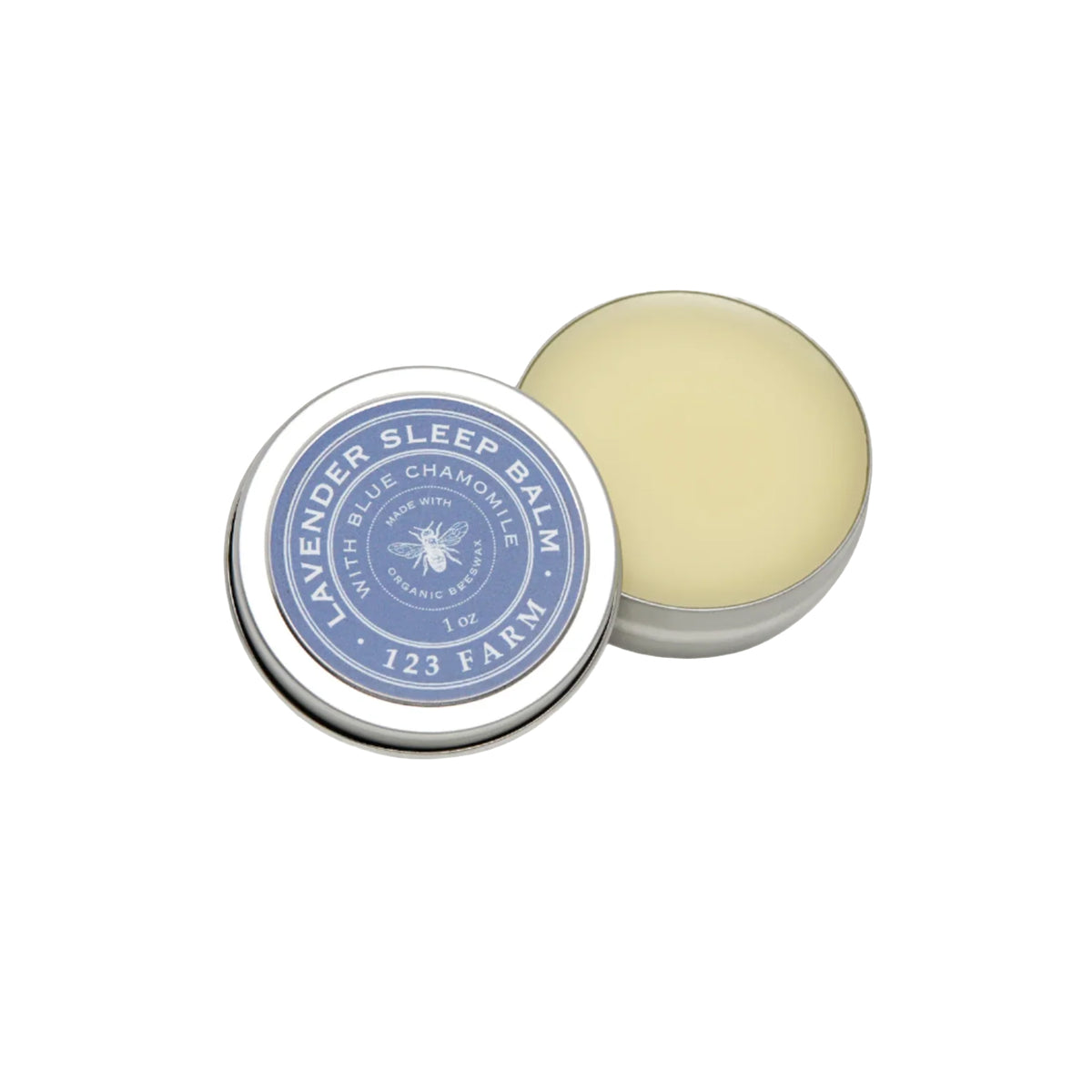 Lavender sleep balm with a metal container on a white background