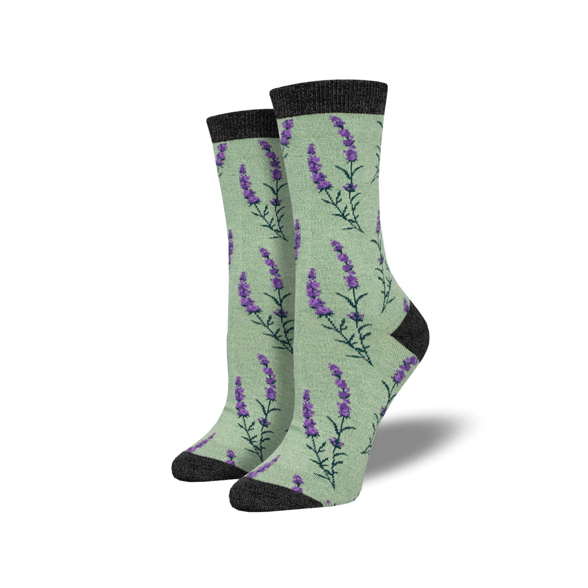 Green socks with purple floral lavender pattern on a white background