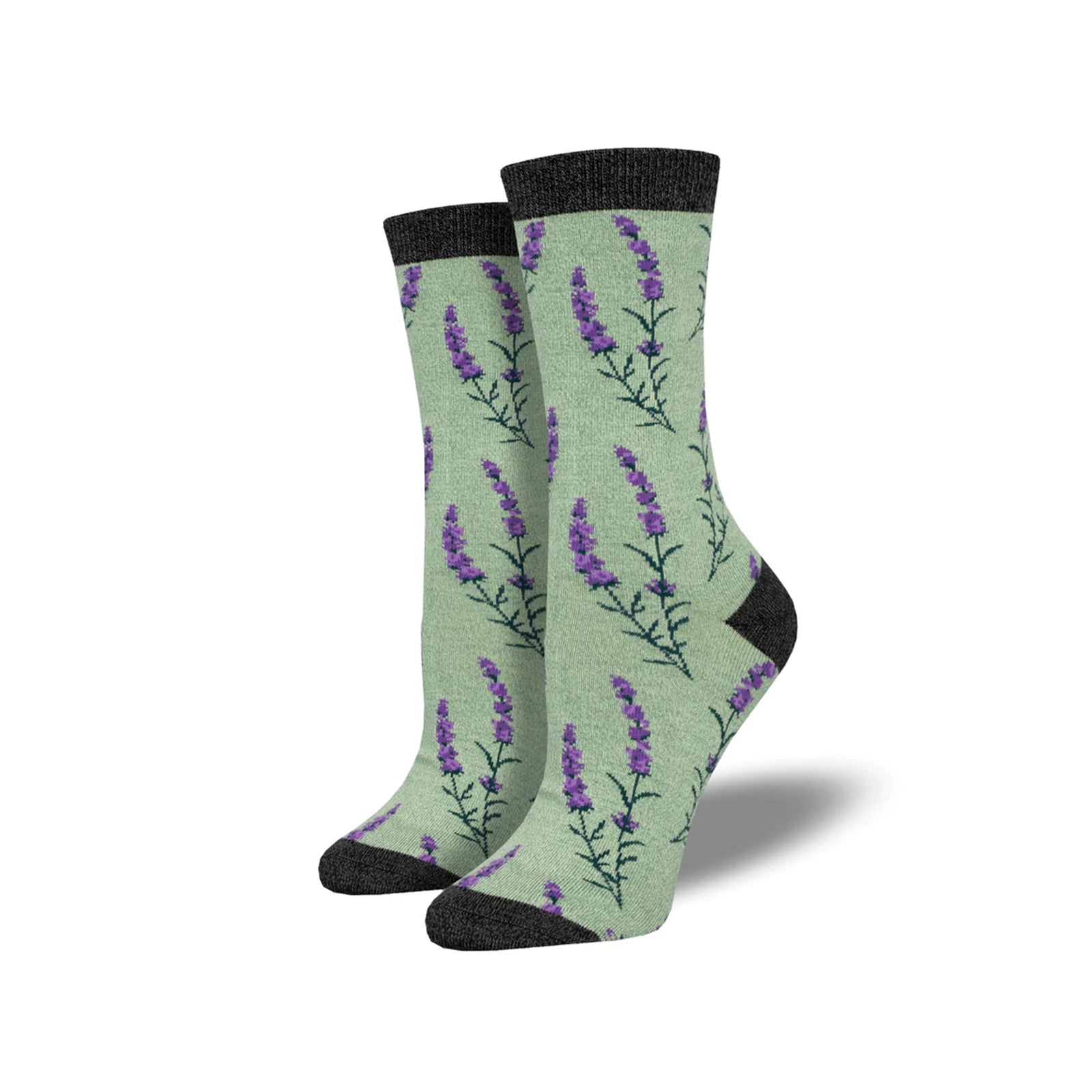 Green socks with purple floral lavender pattern on a white background