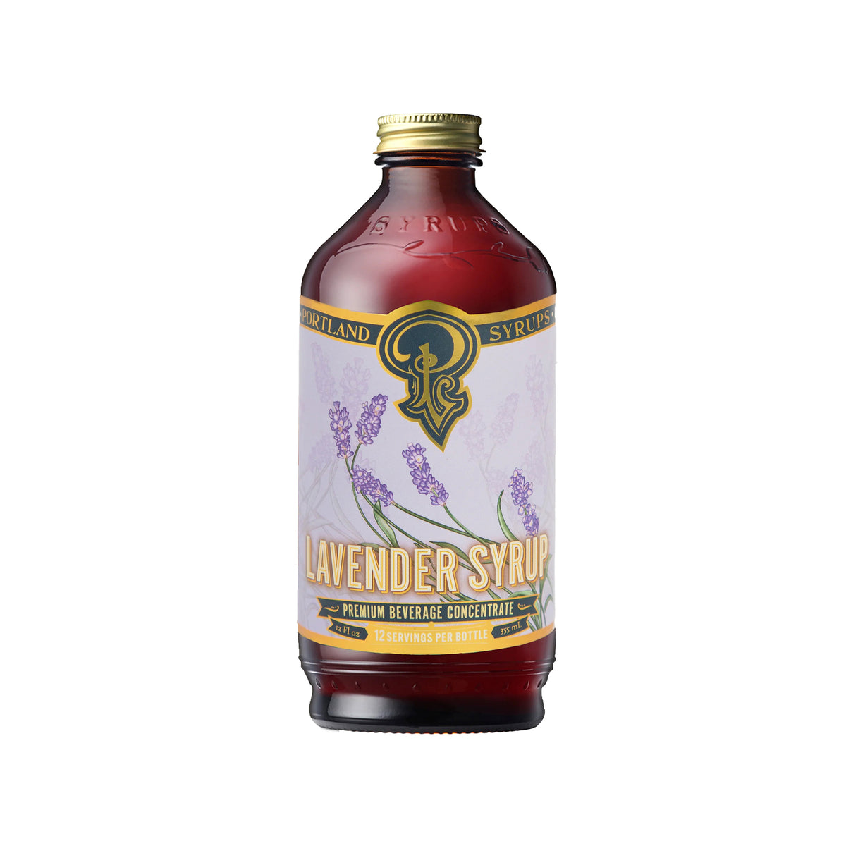 Bottle of lavender syrup with a visible brand logo on a white background